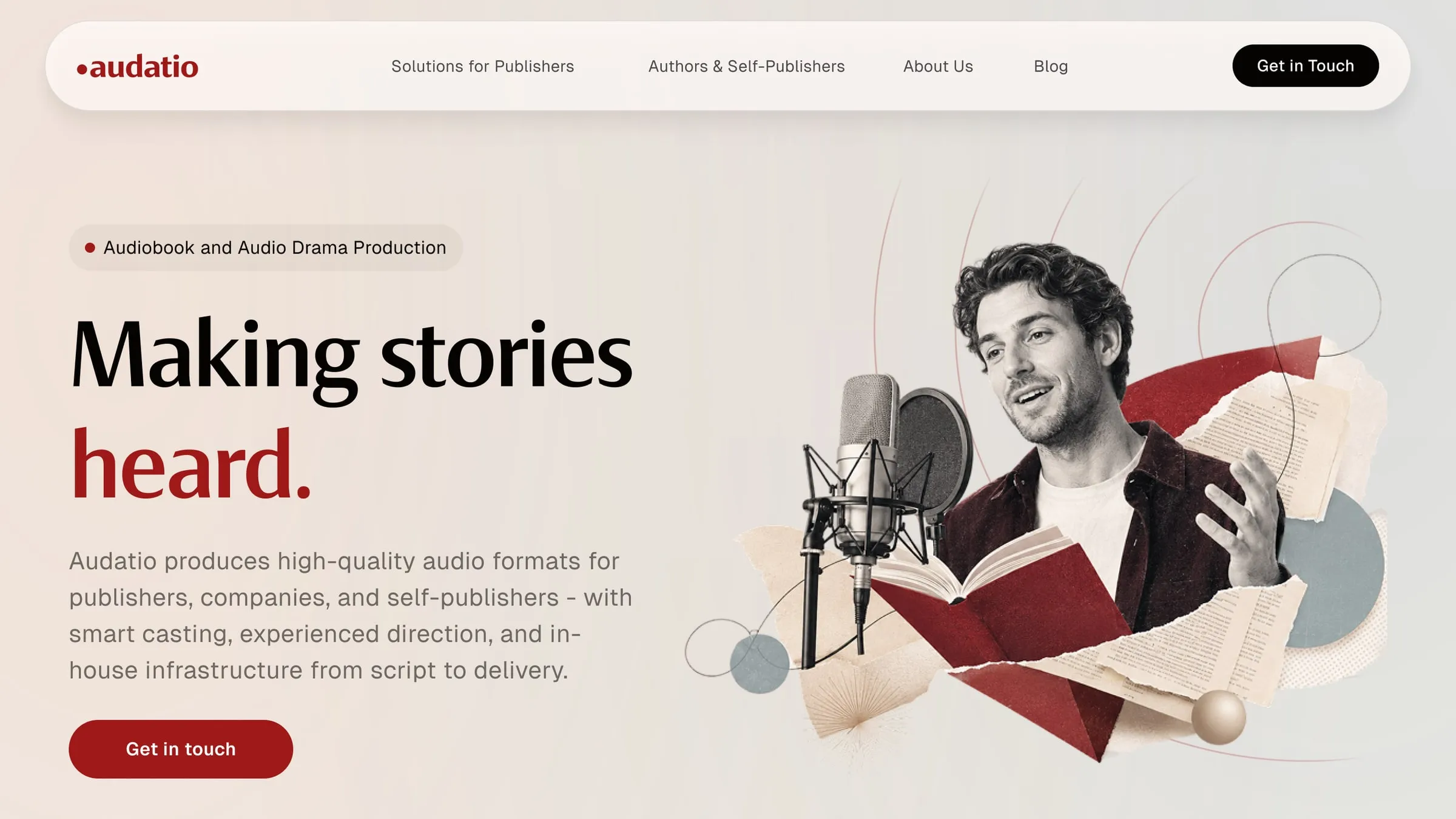 Audatio home page hero before (the Klangkantine site) and after the redesign: after