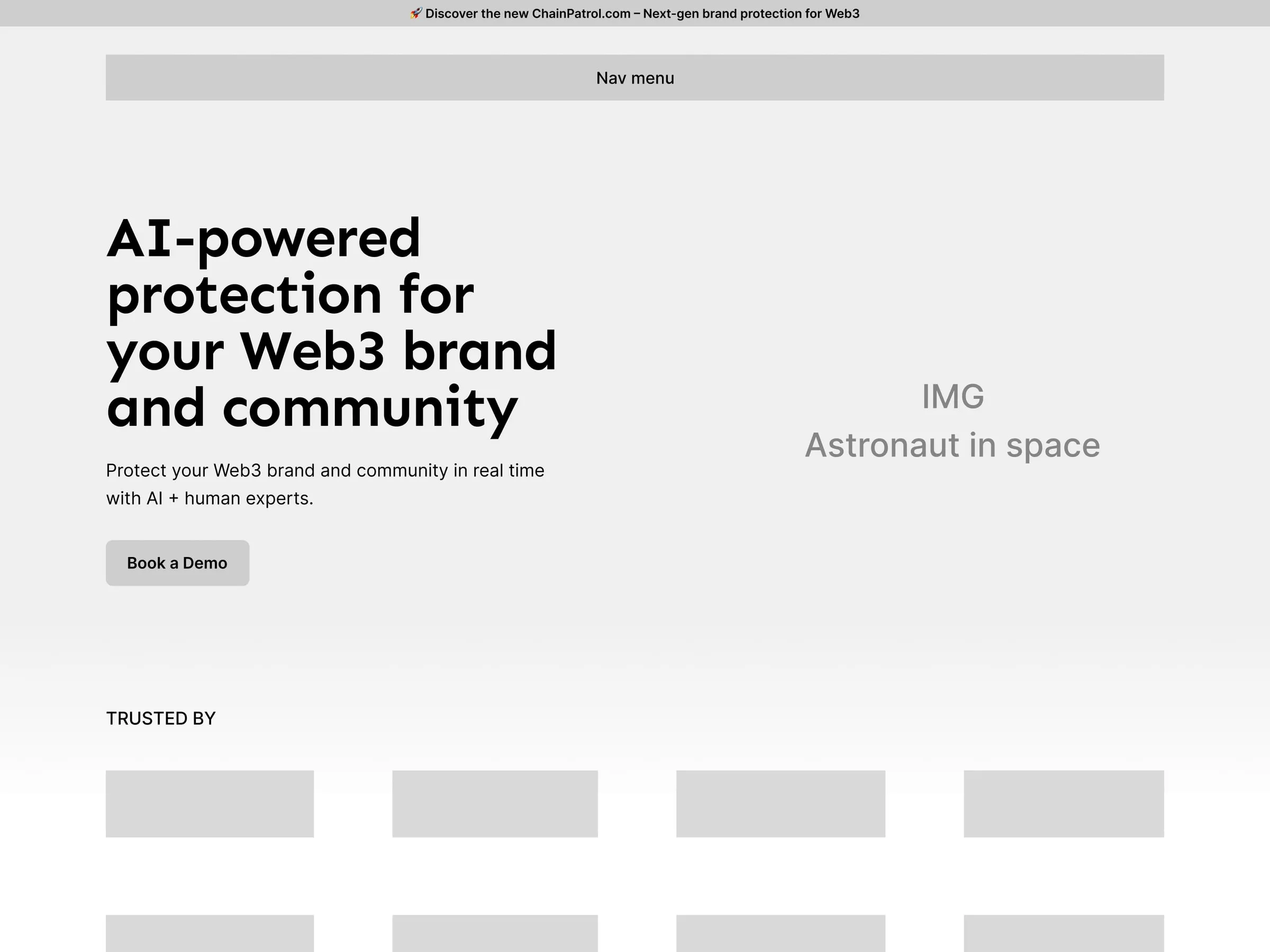 ChainPatrol home page hero as a wireframe and as the final design: wireframe