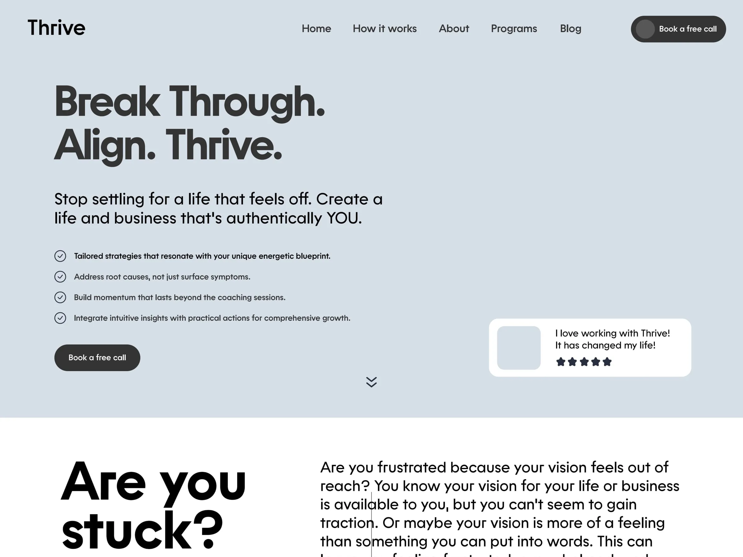 Thrive home page hero as a wireframe and as the final design: wireframe