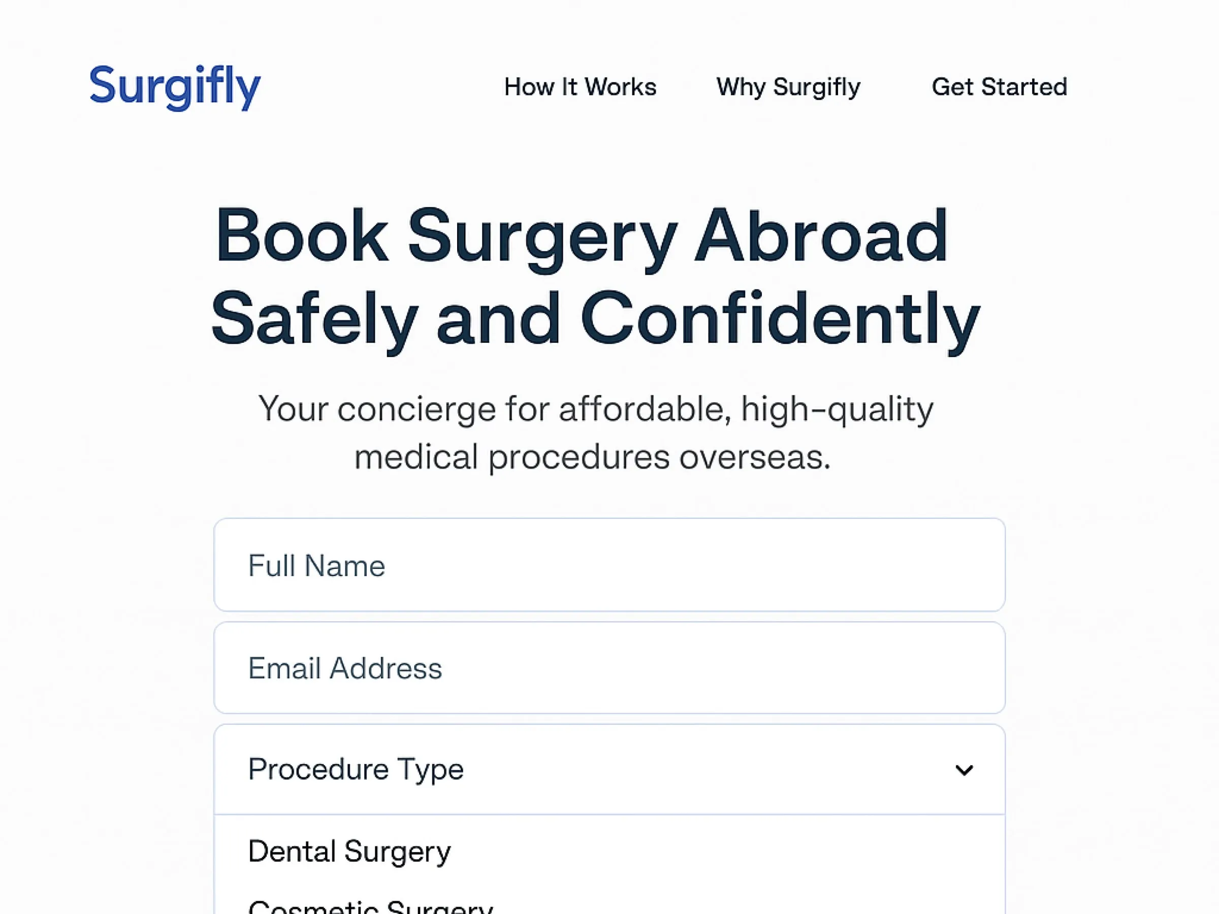 Surgifly home page hero before and after the redesign: before