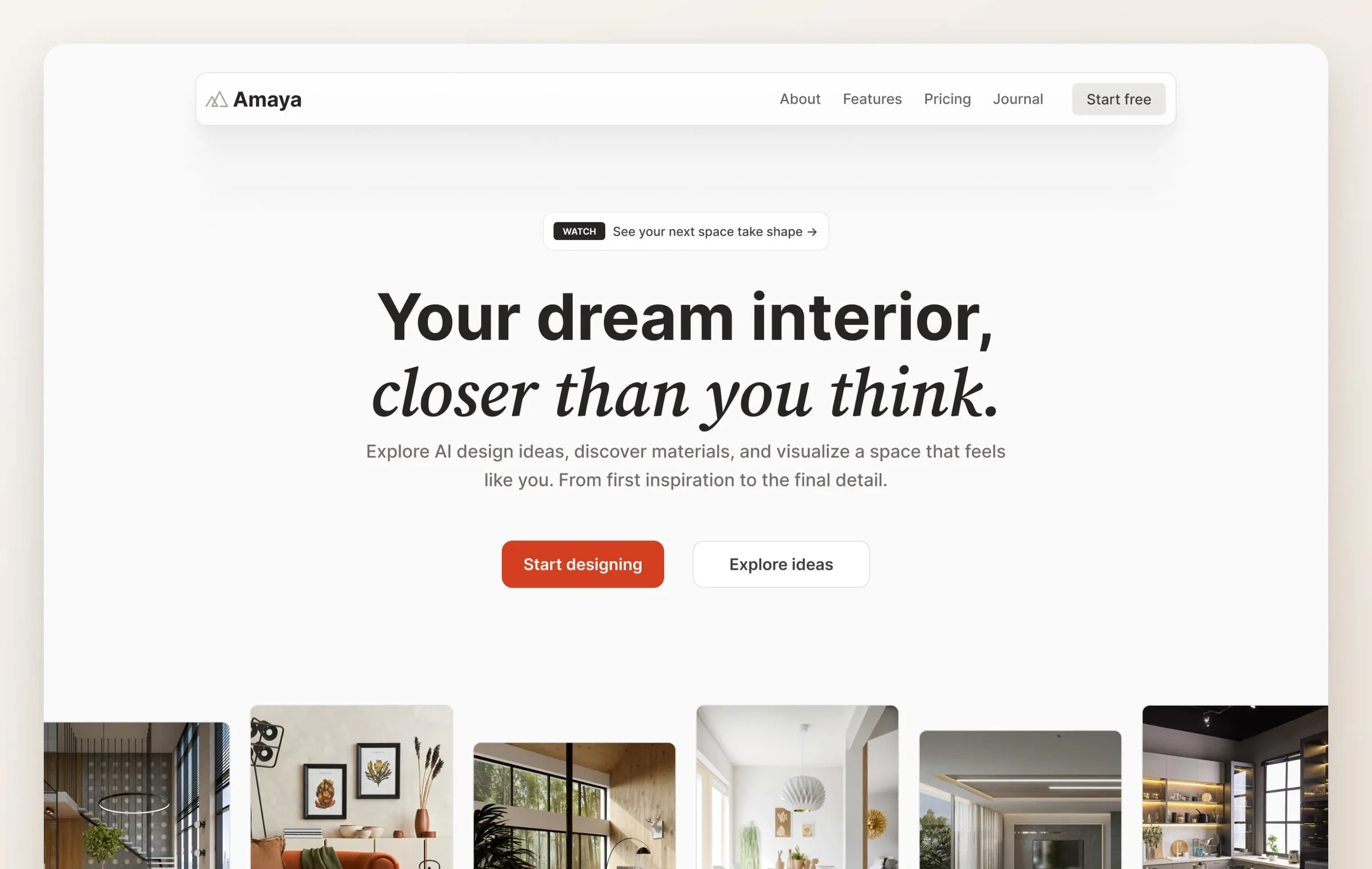 Amaya homepage hero with a warm editorial interior and a terracotta accent