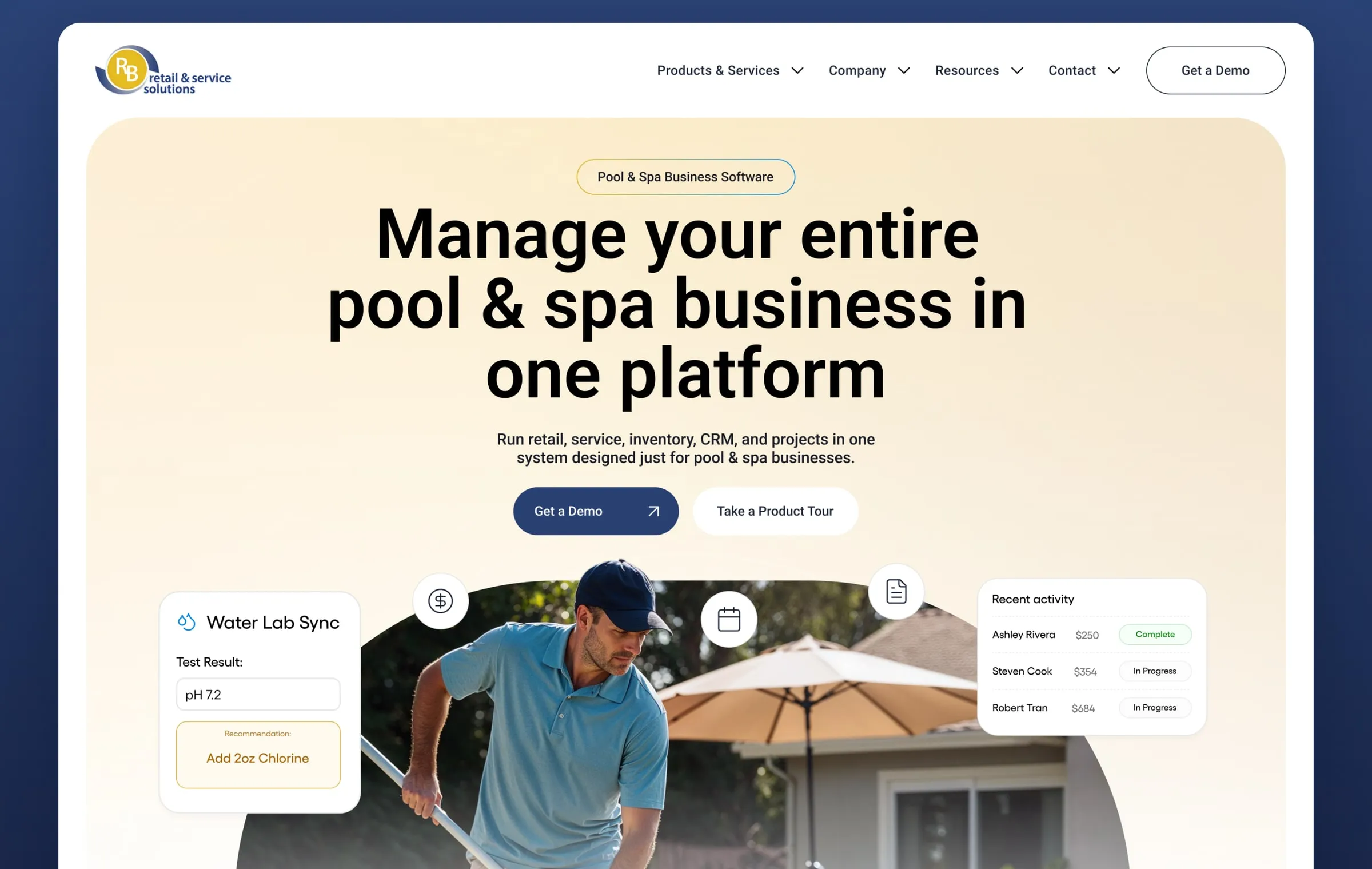 RB Pool & Spa home page hero, "Manage your entire pool & spa business in one platform", with a pool technician and product UI cards