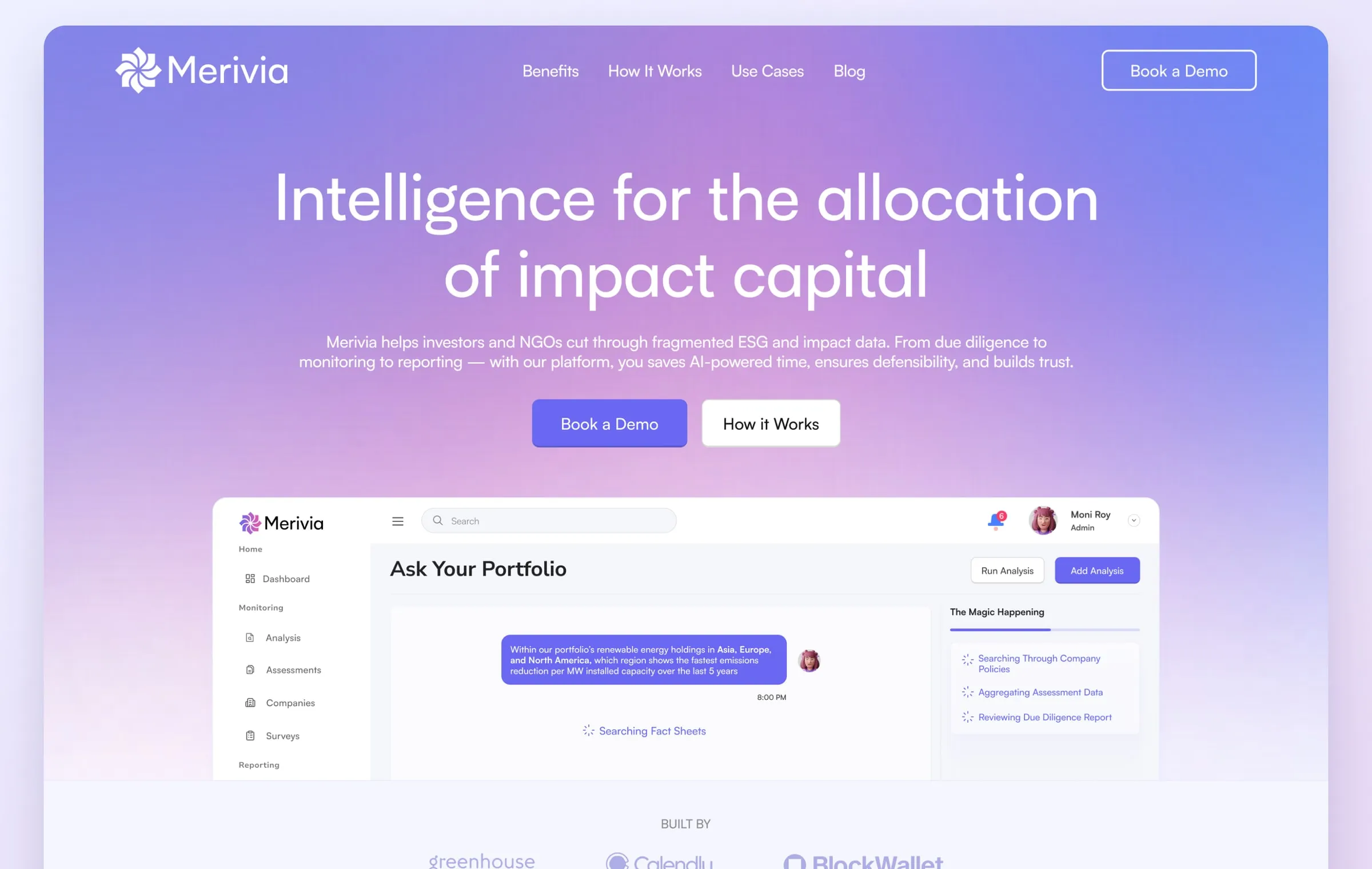 Merivia home page hero, "Intelligence for the allocation of impact capital", over a gradient with the product preview