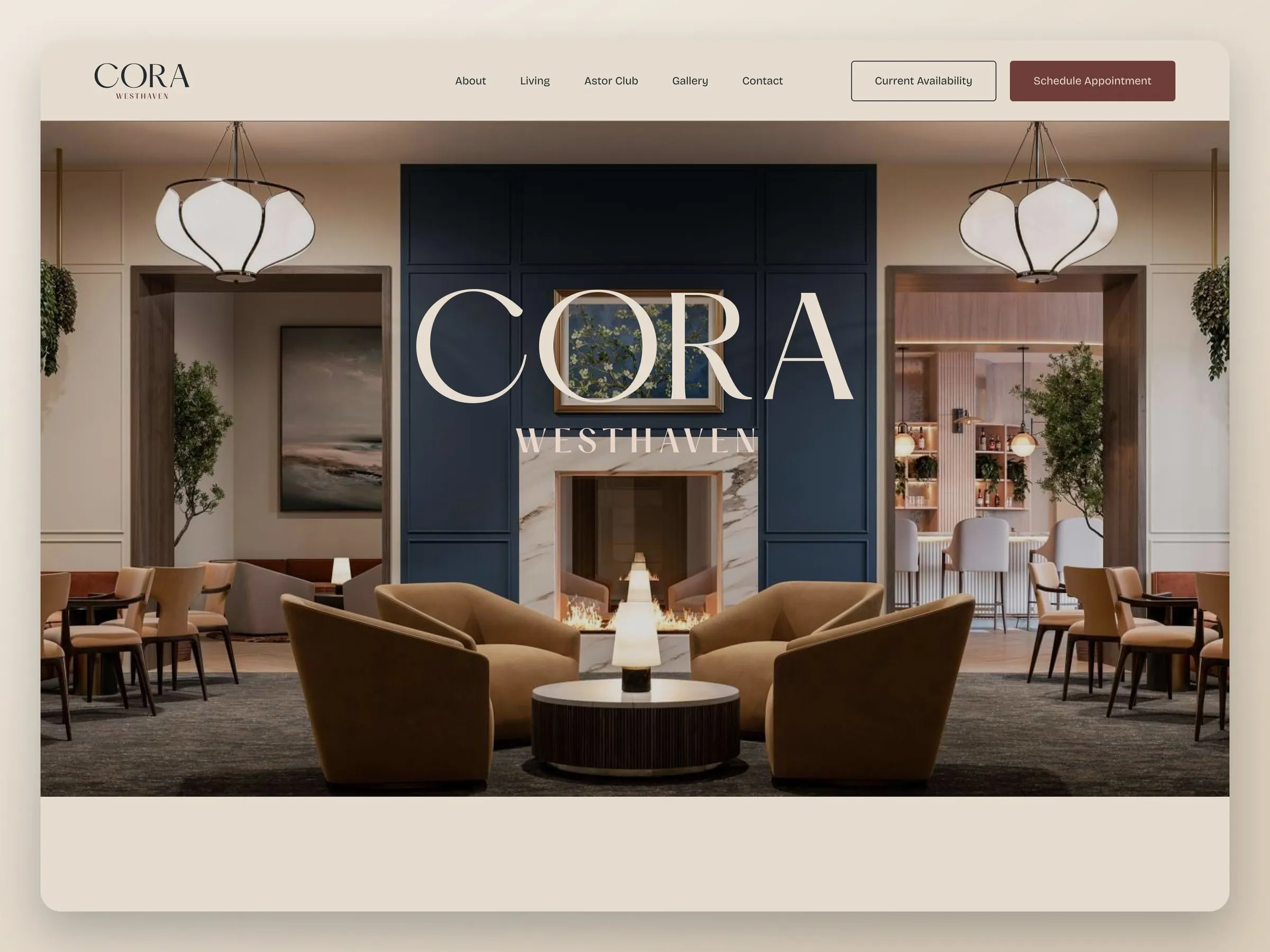 CORA Westhaven homepage hero with interior photography in warm linen and deep navy