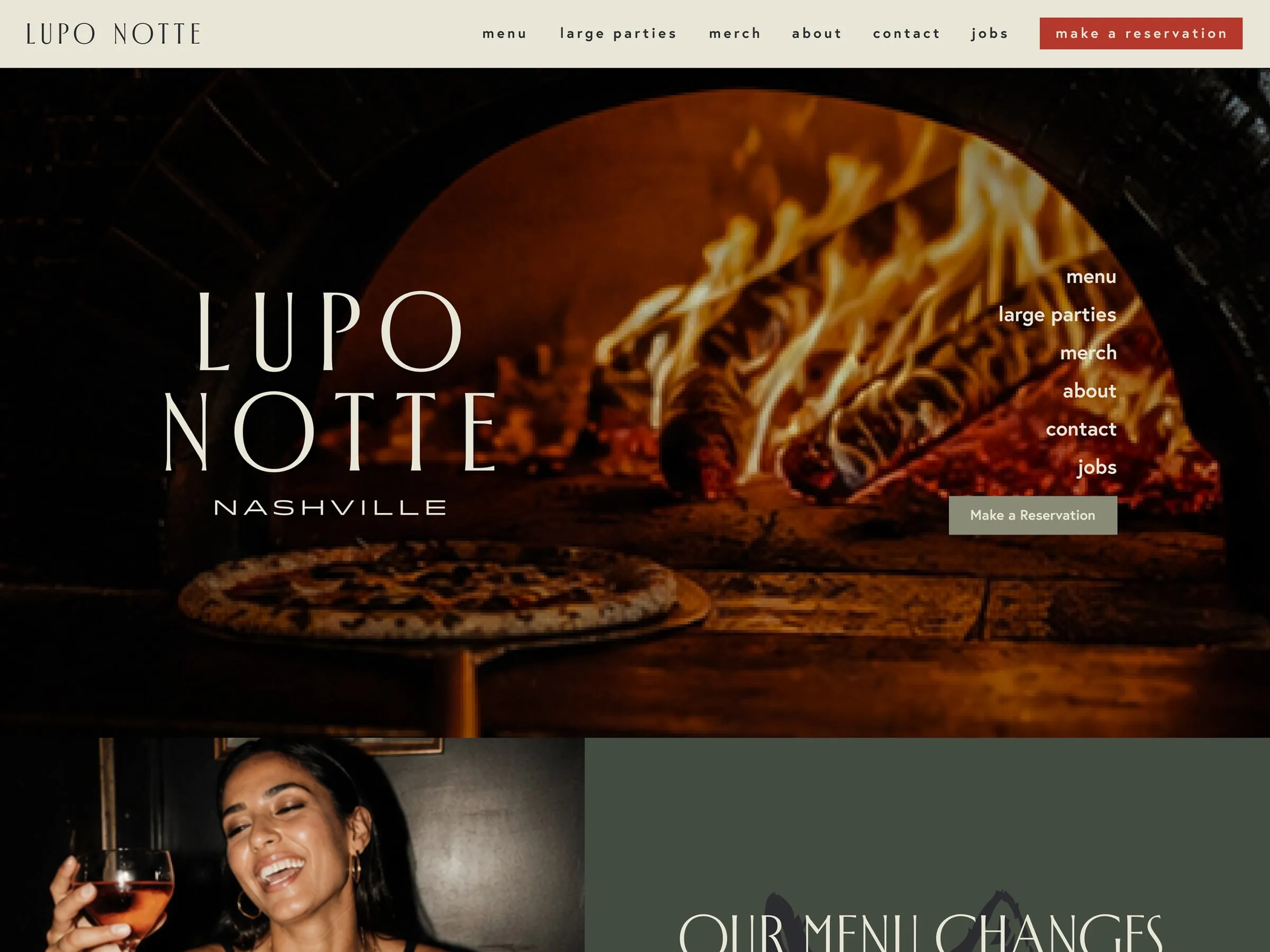 Lupo Notte home page hero with the stacked wordmark over a wood-fired pizza oven