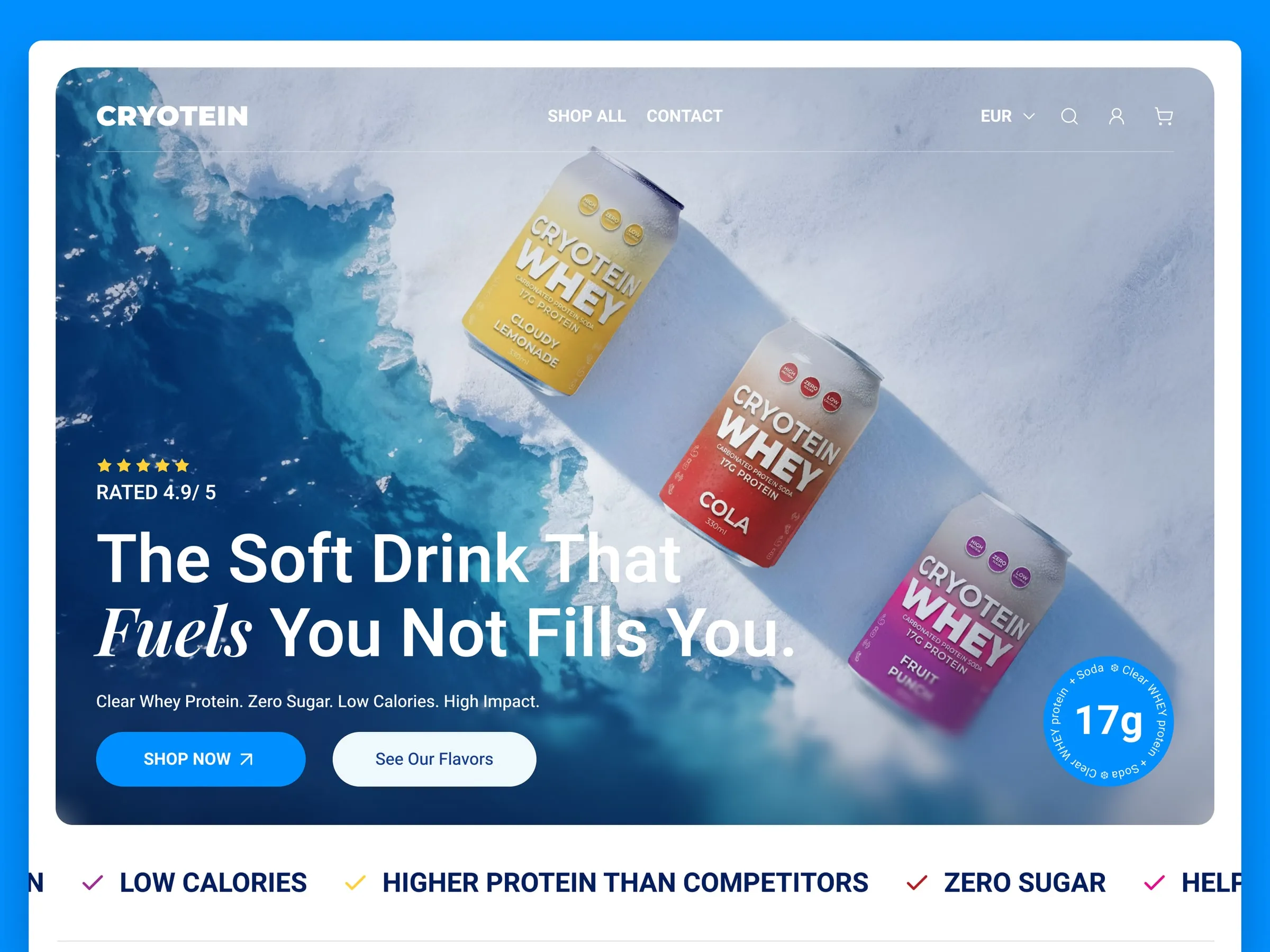 Cryotein store hero with a frozen wave and sparkling protein cans