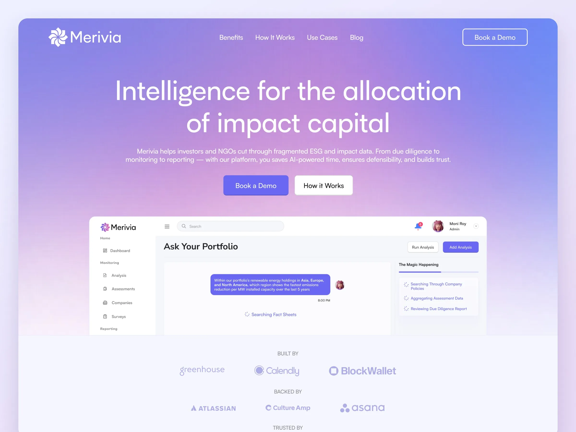 Merivia home page hero, "Intelligence for the allocation of impact capital", over a gradient with the product preview