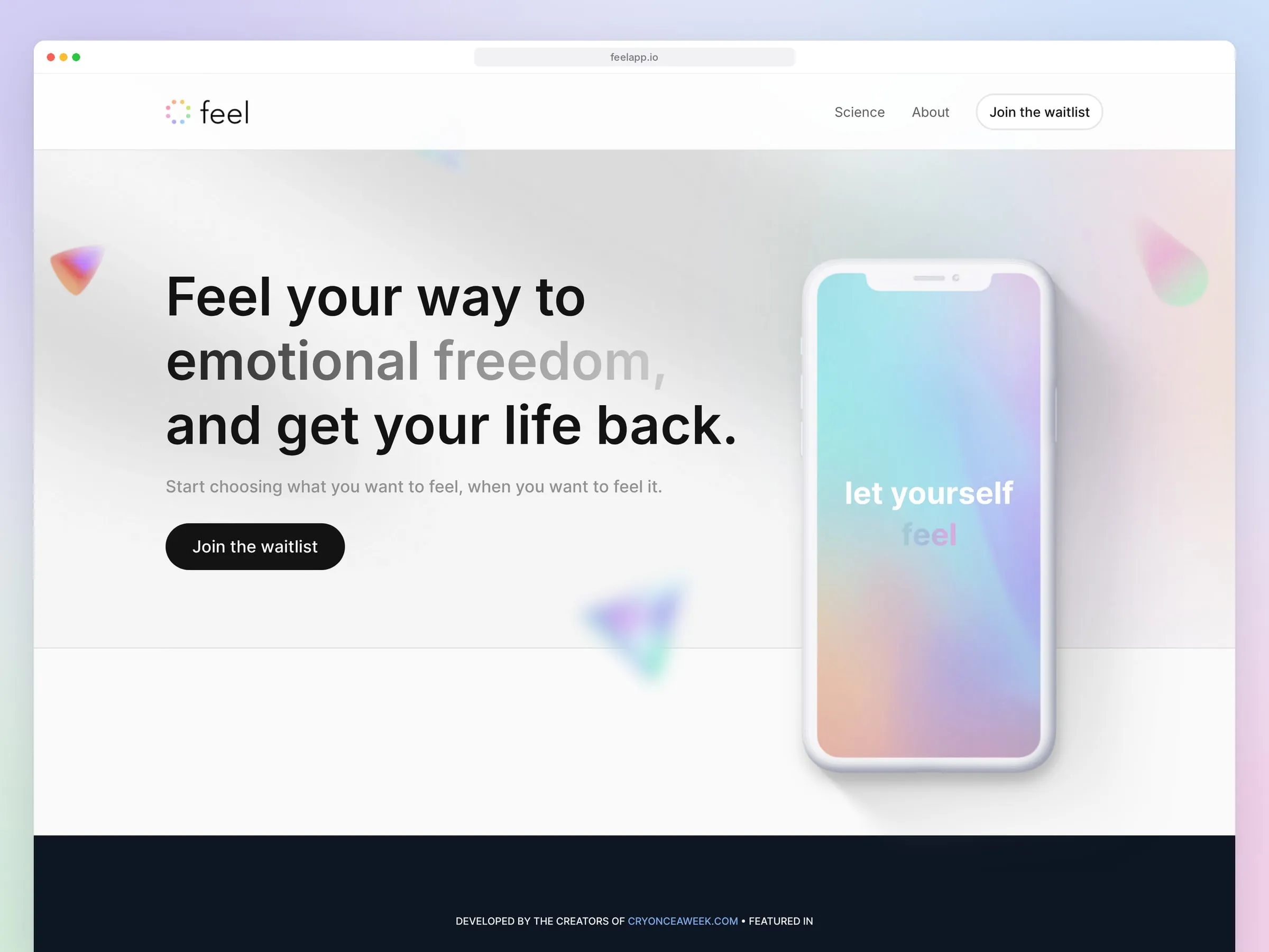 Feel homepage hero with a soft iridescent background and a waitlist form