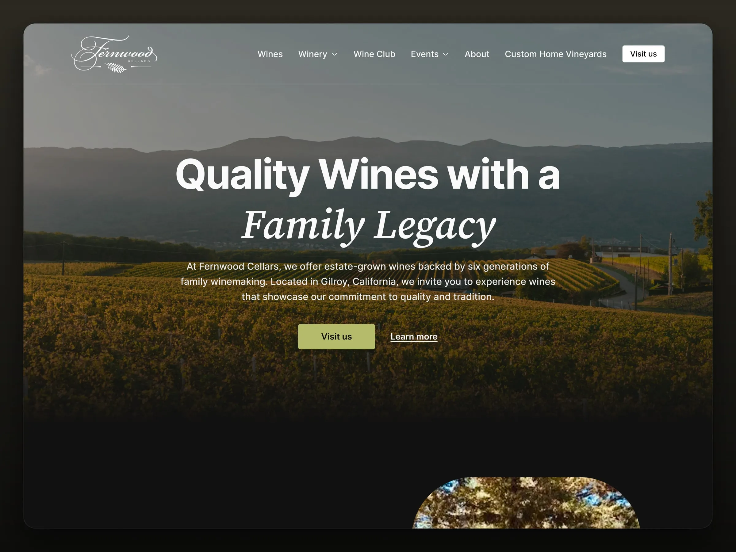 Fernwood Cellars homepage hero with arched vineyard photography over deep cellar black