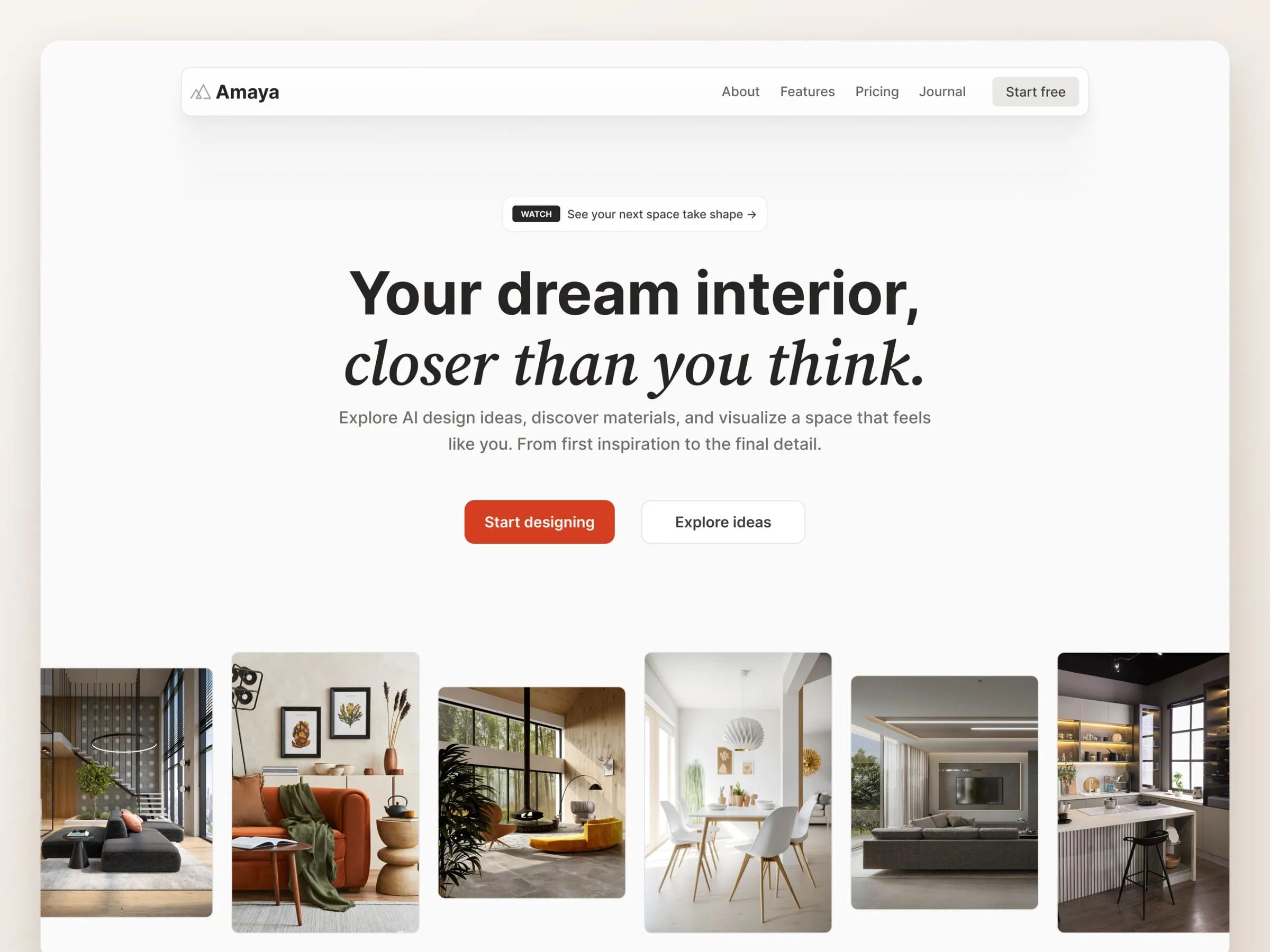 Amaya homepage hero with a warm editorial interior and a terracotta accent
