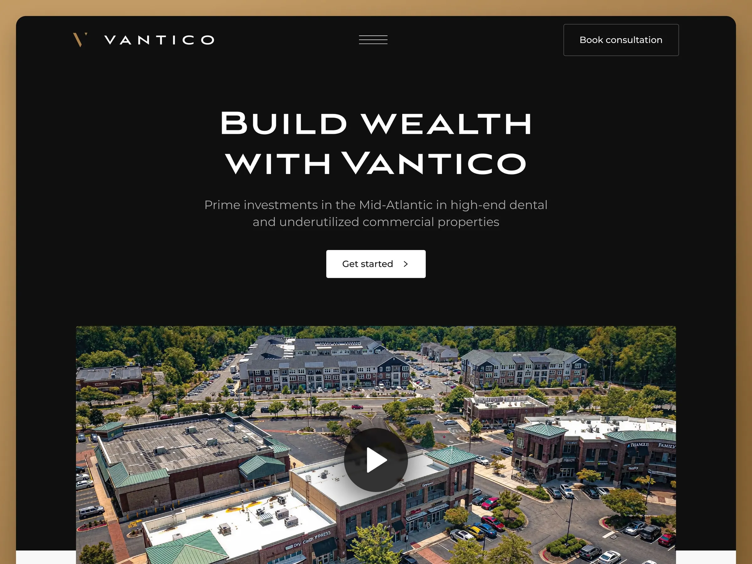 Vantico landing page hero with aerial property photography in onyx and ivory