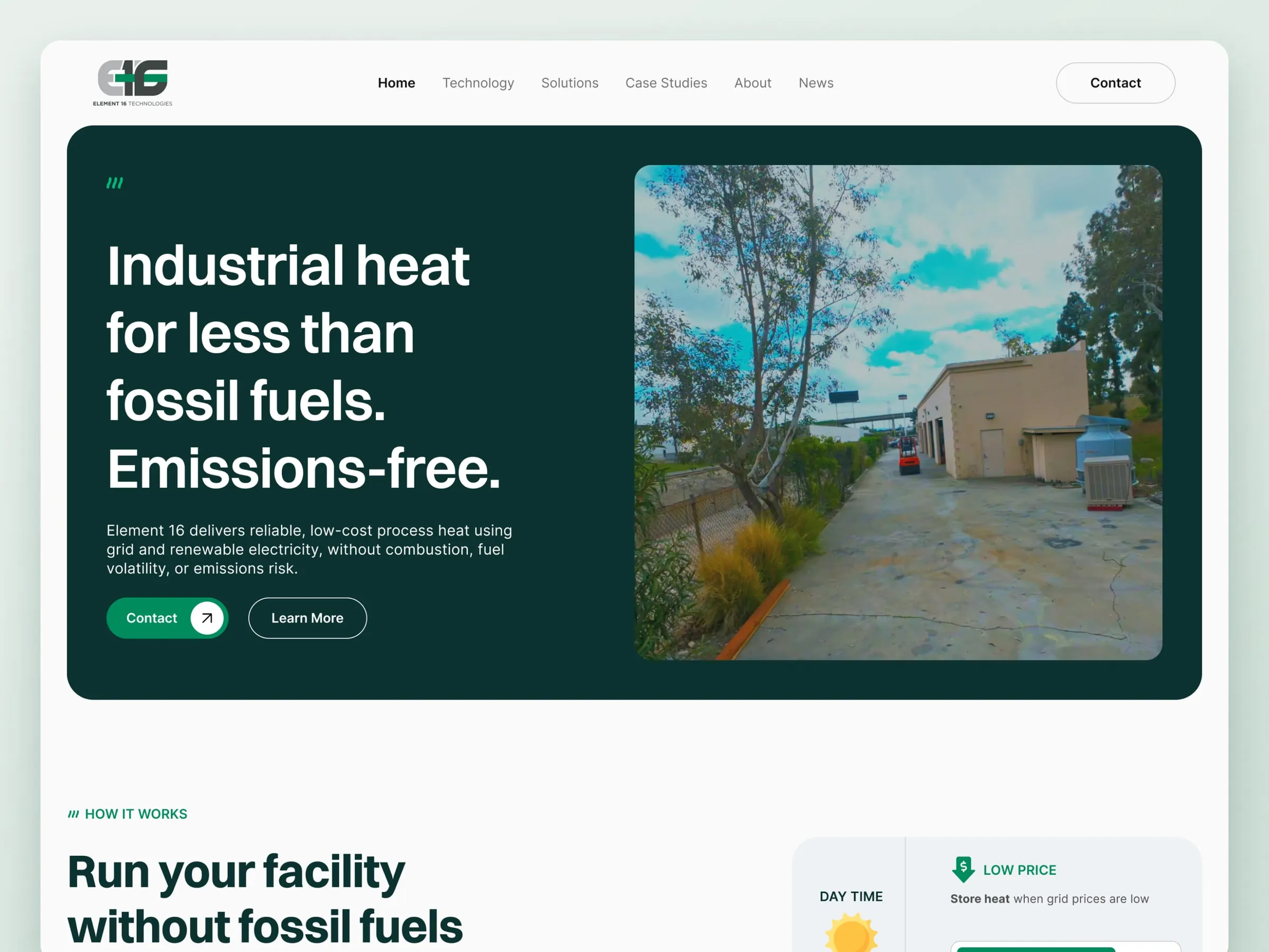 Element 16 home page hero, "Industrial heat for less than fossil fuels. Emissions-free.", with a photo of the pilot facility