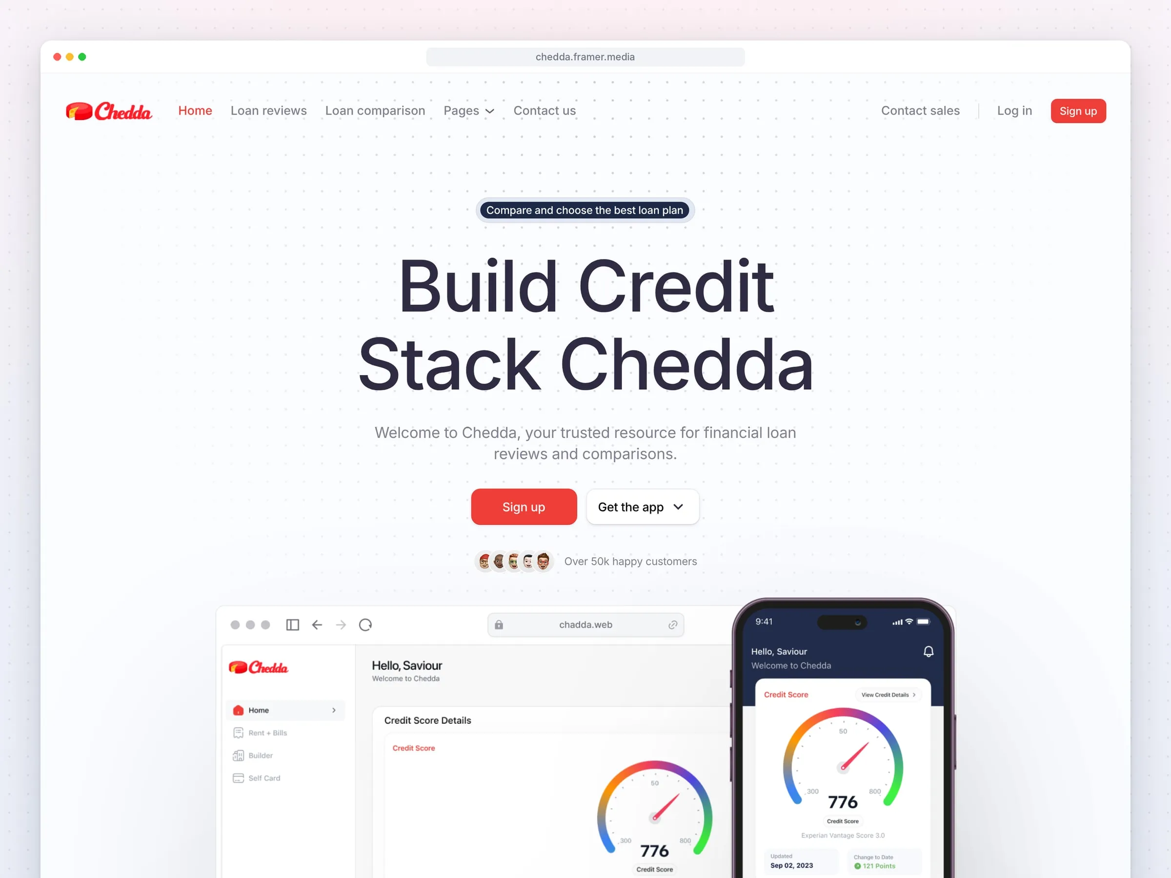 Chedda homepage hero, "Build Credit, Stack Chedda", with dashboard mockups