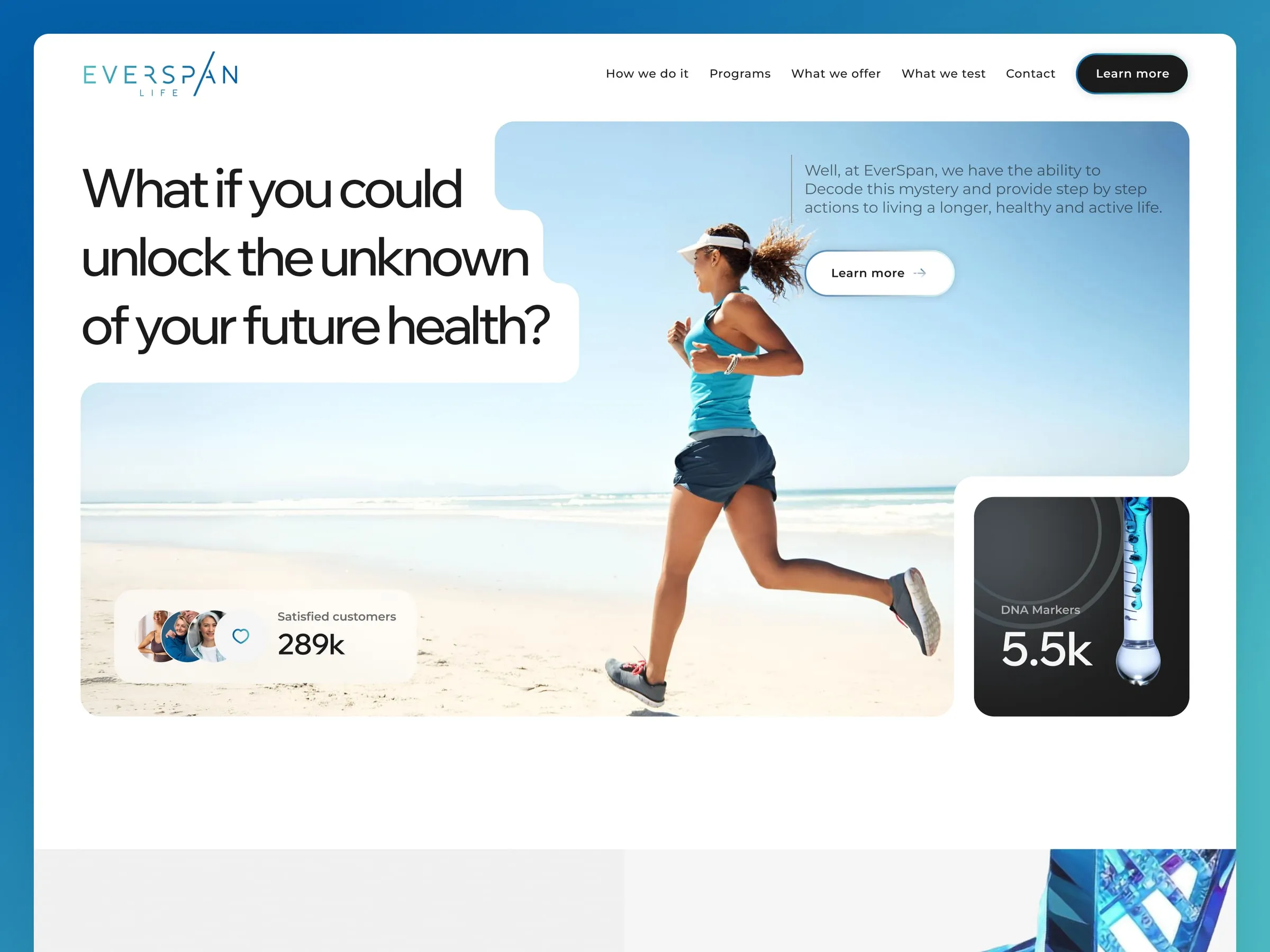 EverSpan Life homepage hero with a runner on the beach and a blue to aqua gradient