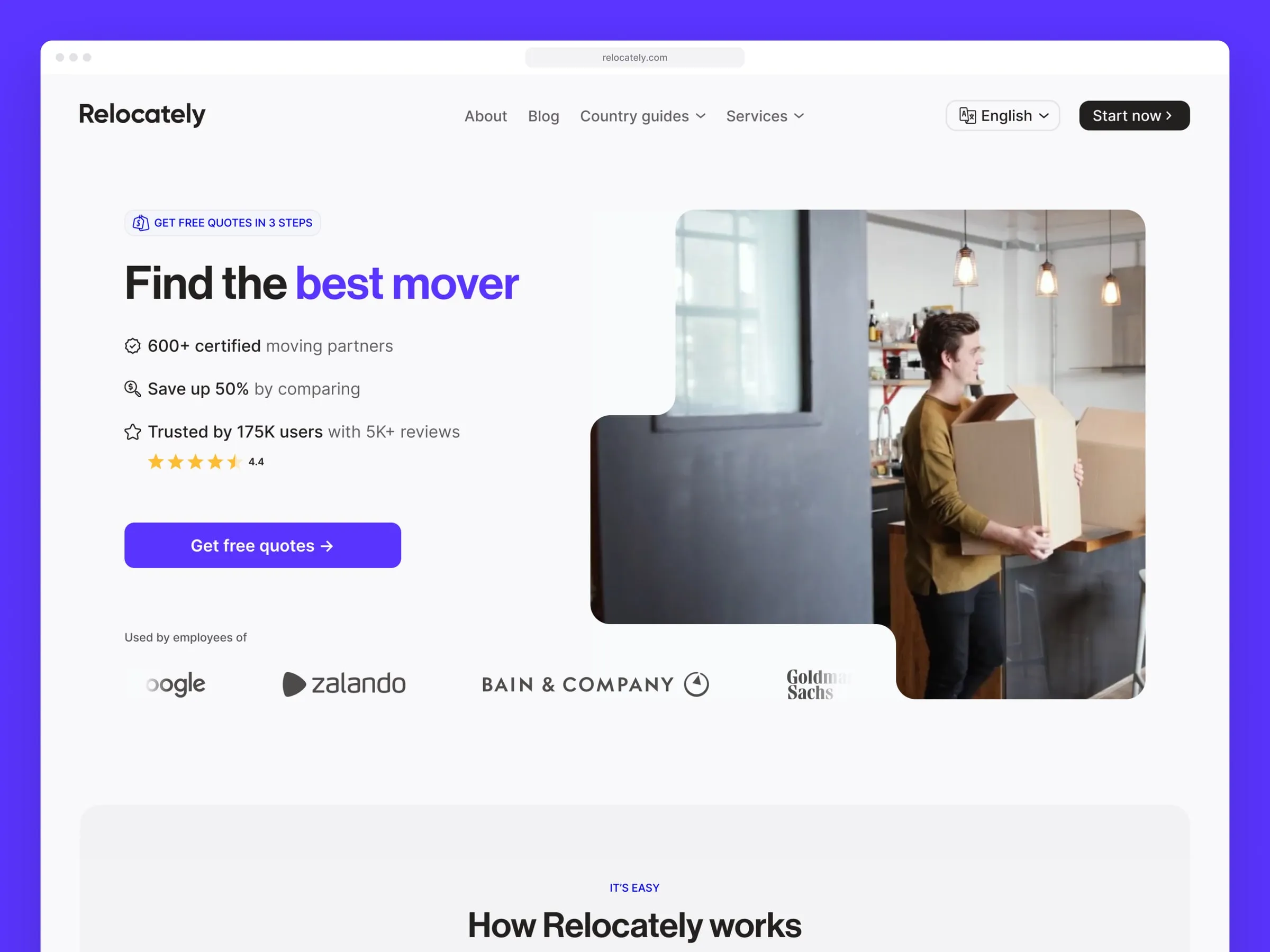 Relocately home page hero with a "Find the best mover" headline and free quote button