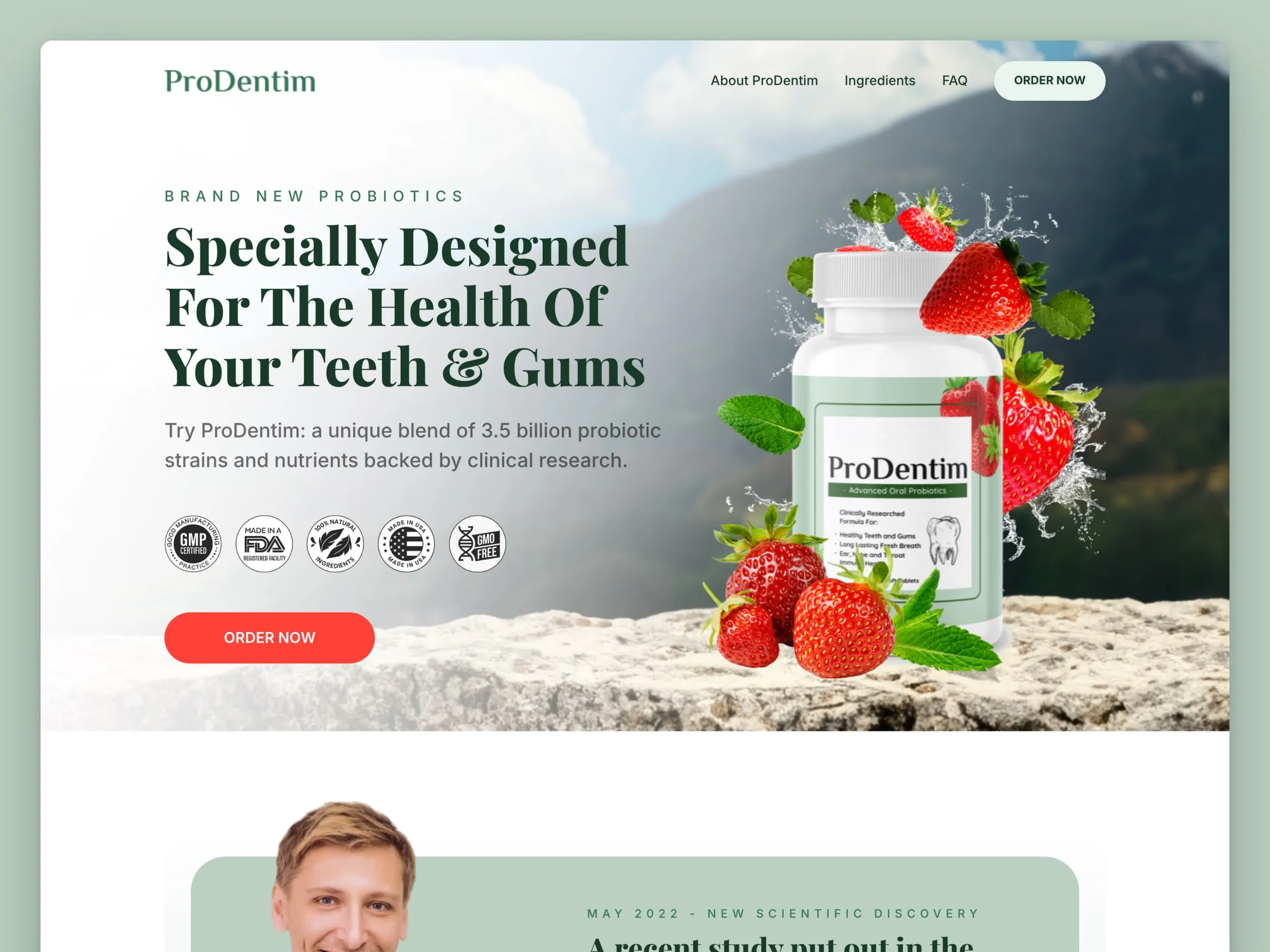 ProDentim landing page hero with the product bottle, strawberries and mint