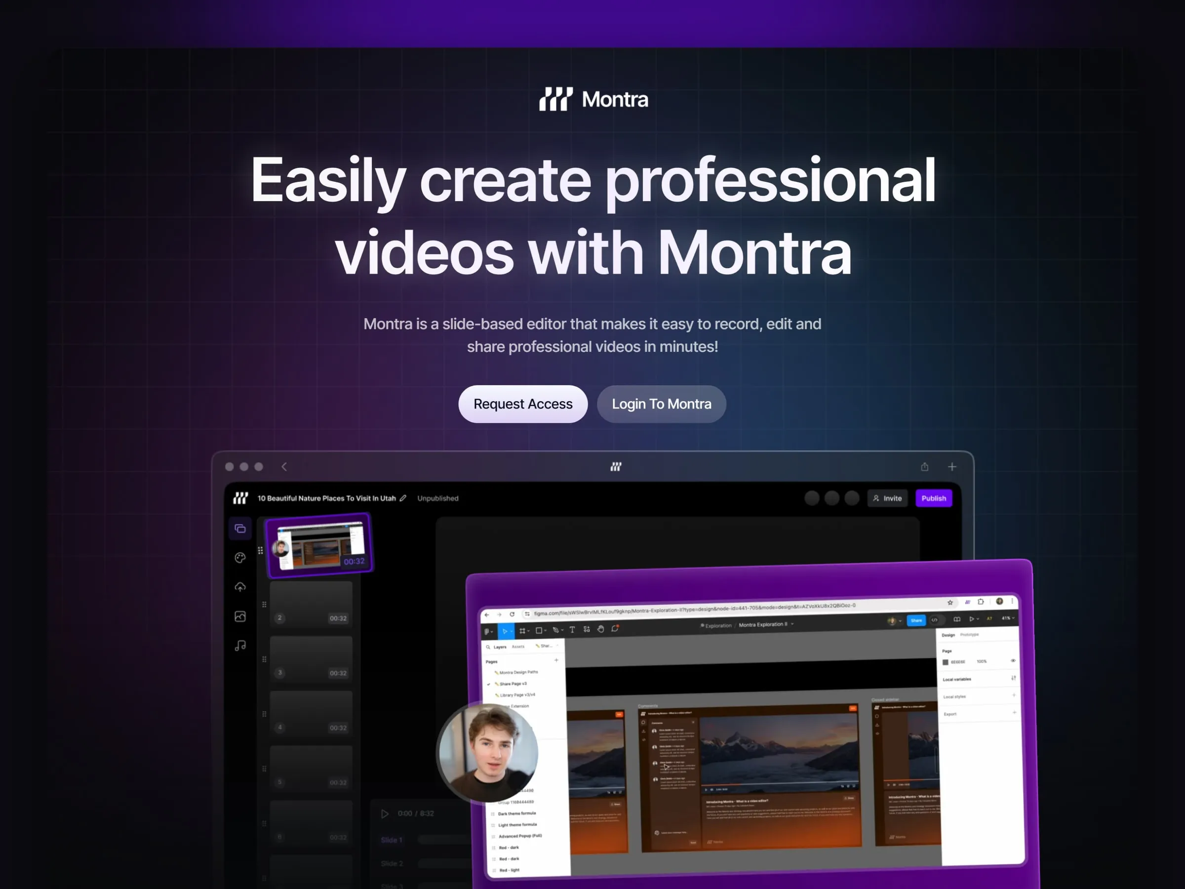 Montra dark launch page hero with a violet glow, an interactive grid and the product UI