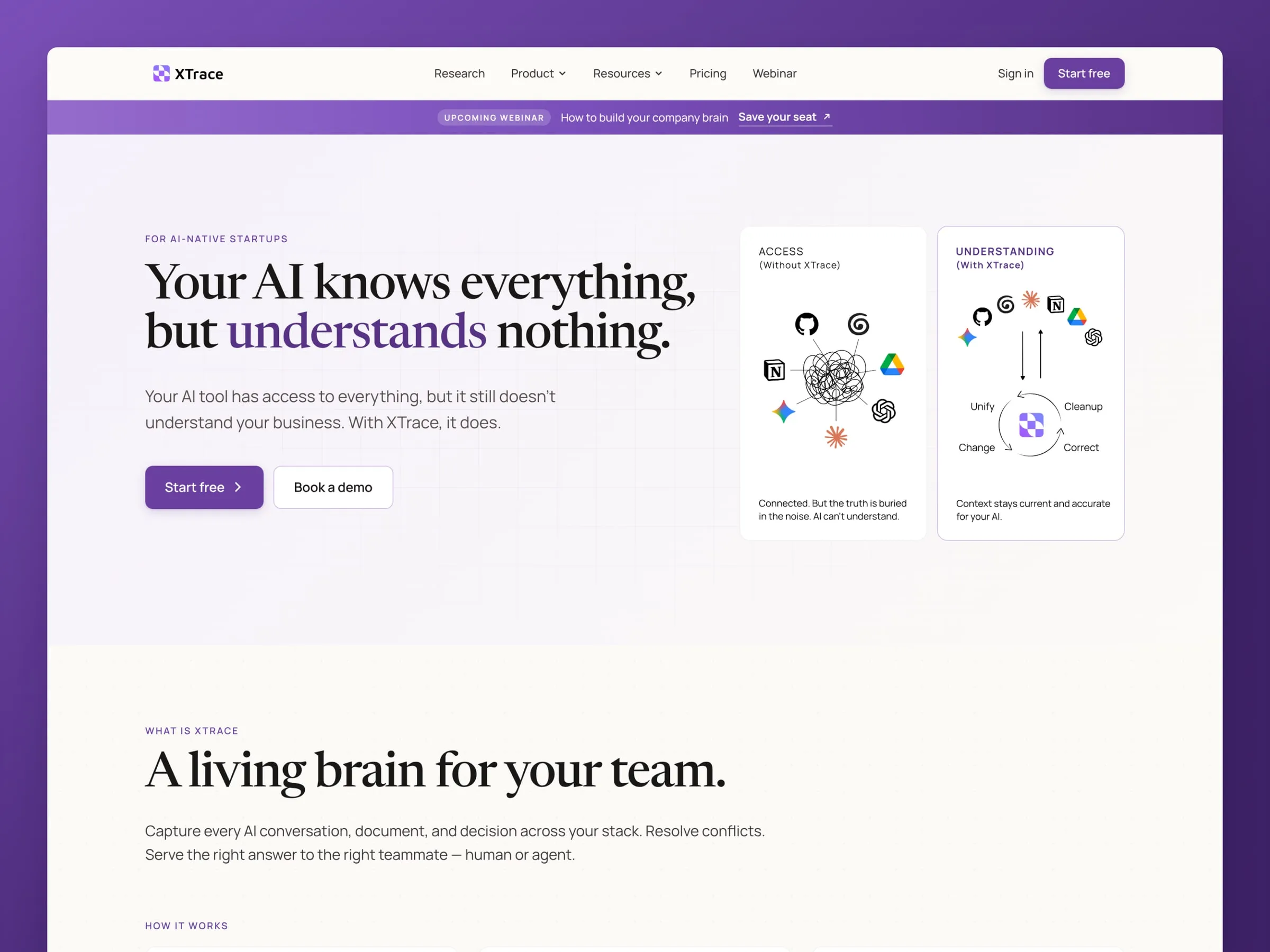 XTrace home page hero, "Your AI knows everything, but understands nothing.", with access and understanding cards