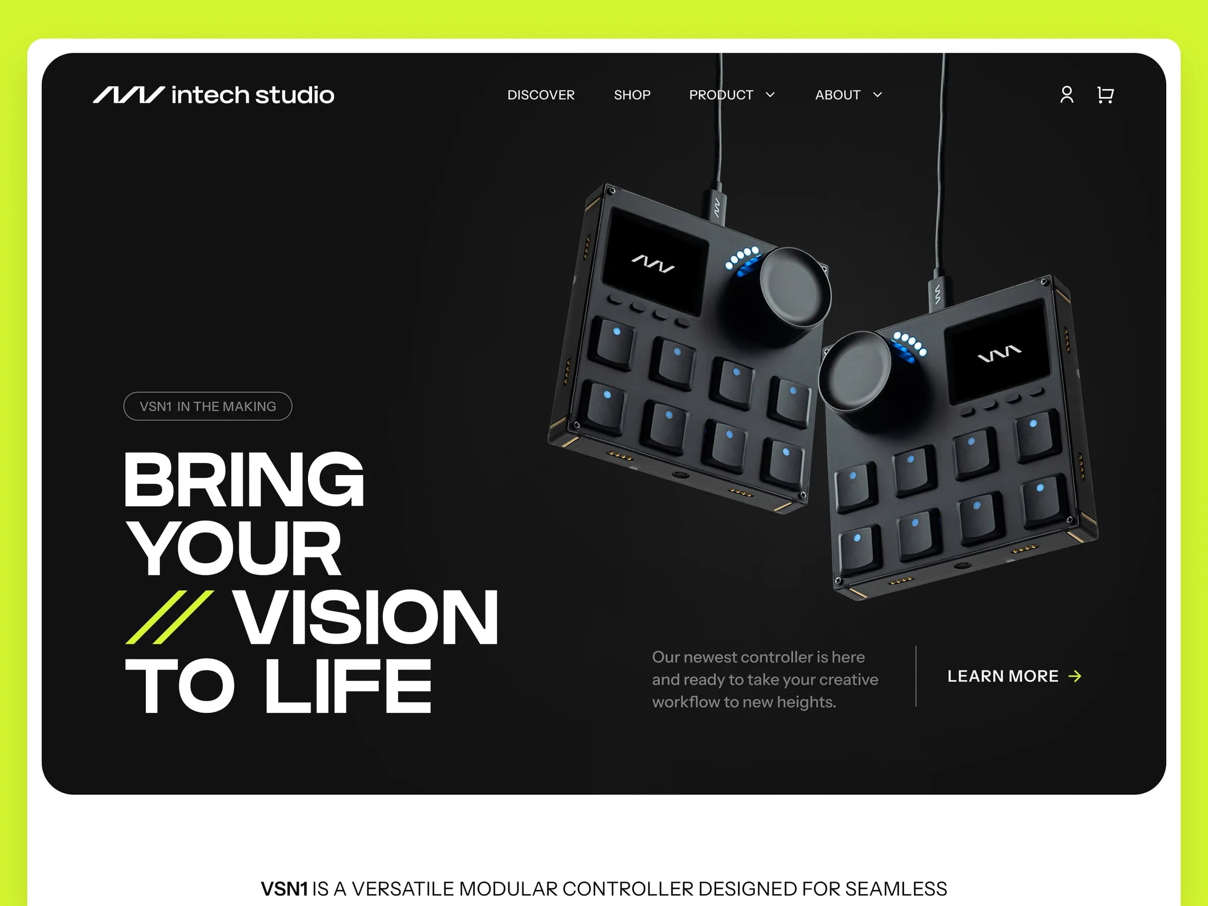 VSN1 landing page hero with the controller hanging over a black background and electric-lime type