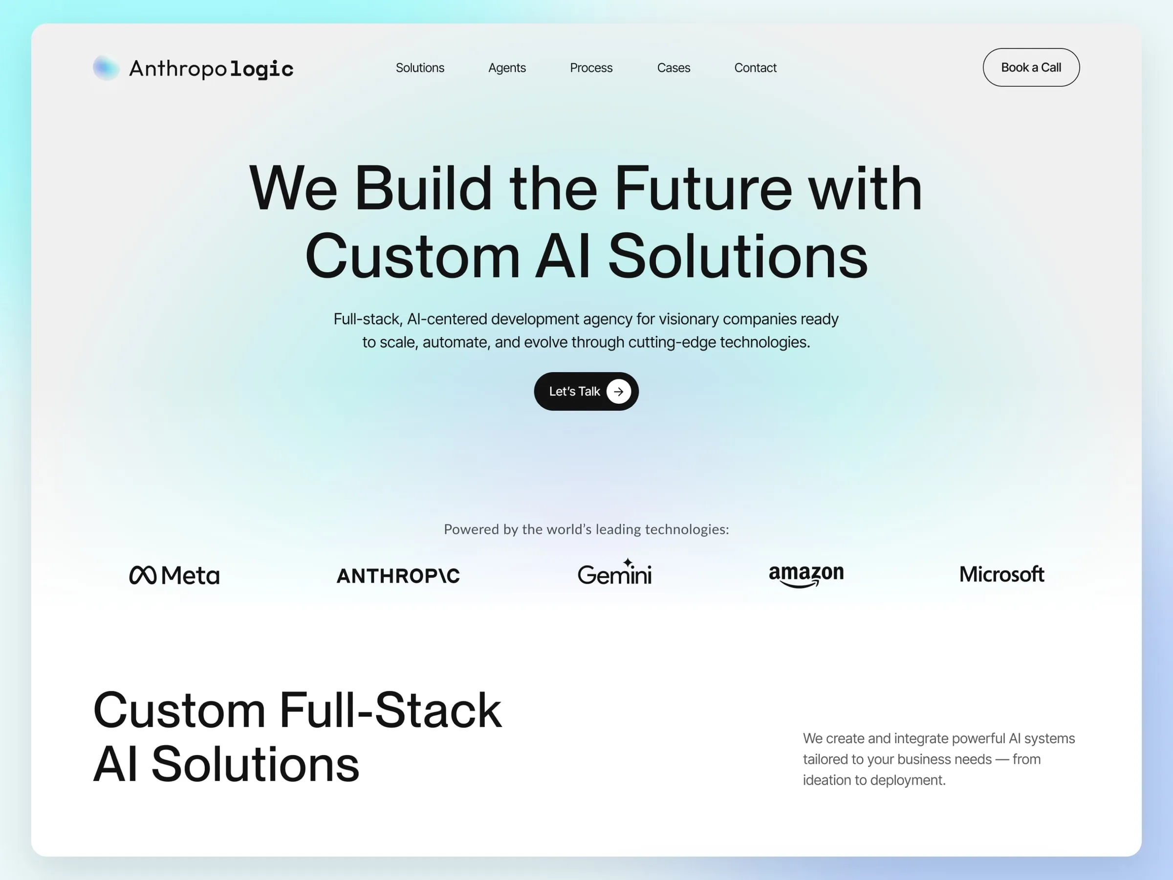 Anthropologic home page hero, "We Build the Future with Custom AI Solutions", with technology partner logos
