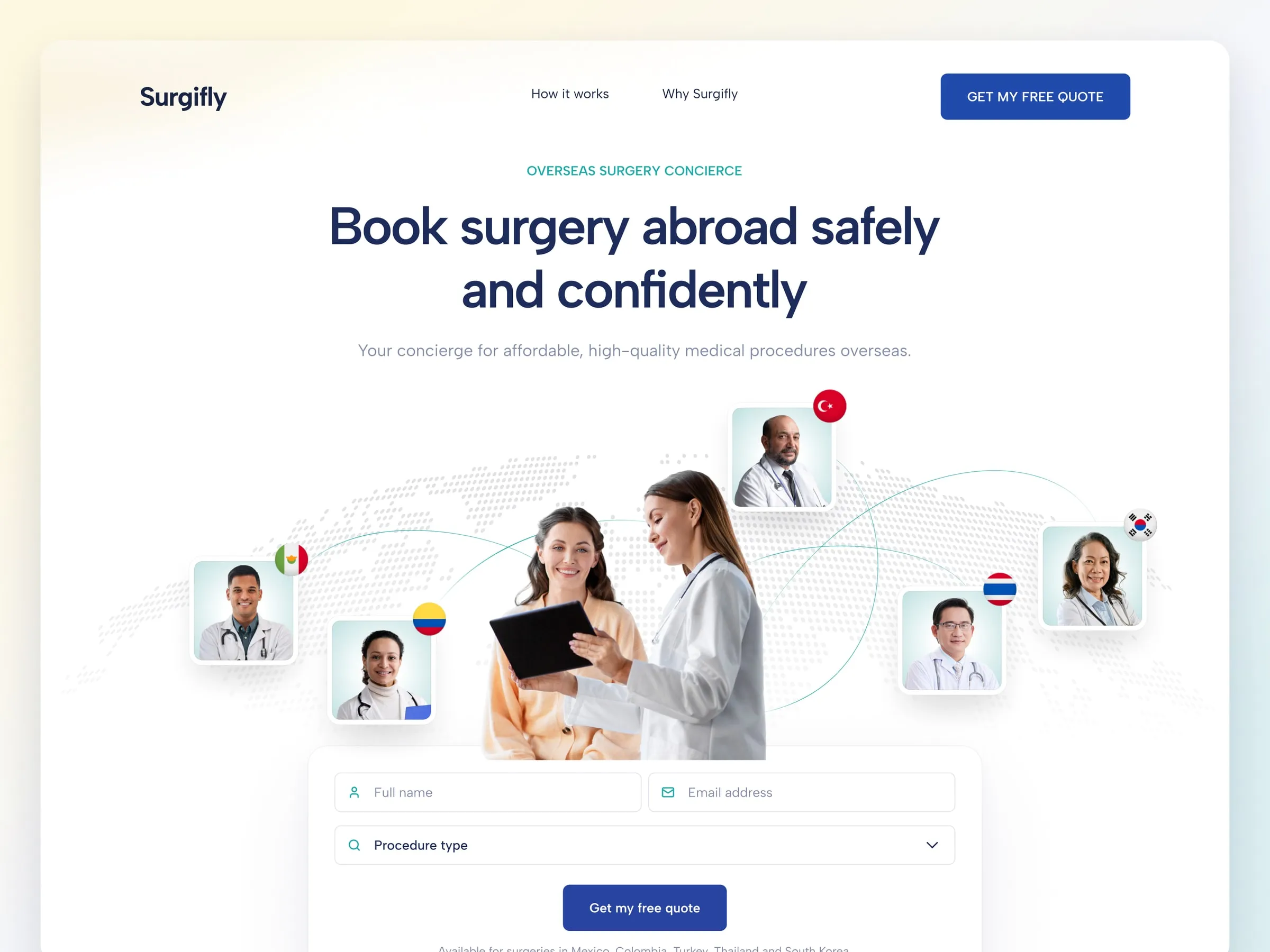 Surgifly home page hero, "Book surgery abroad safely and confidently", with surgeons from each destination country around a dotted globe and a quote form