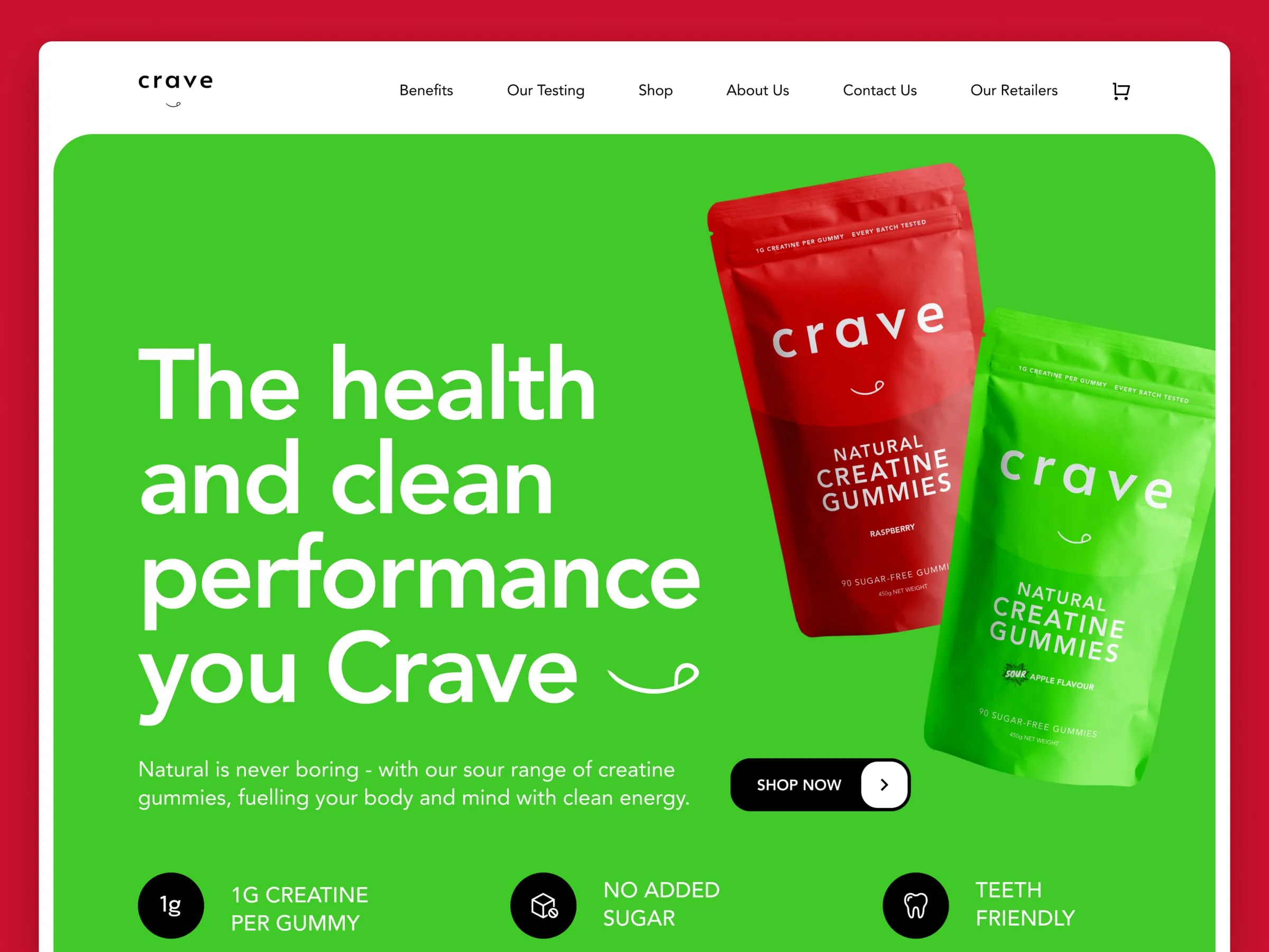 Crave store hero with floating gummy pouches on a punchy green background
