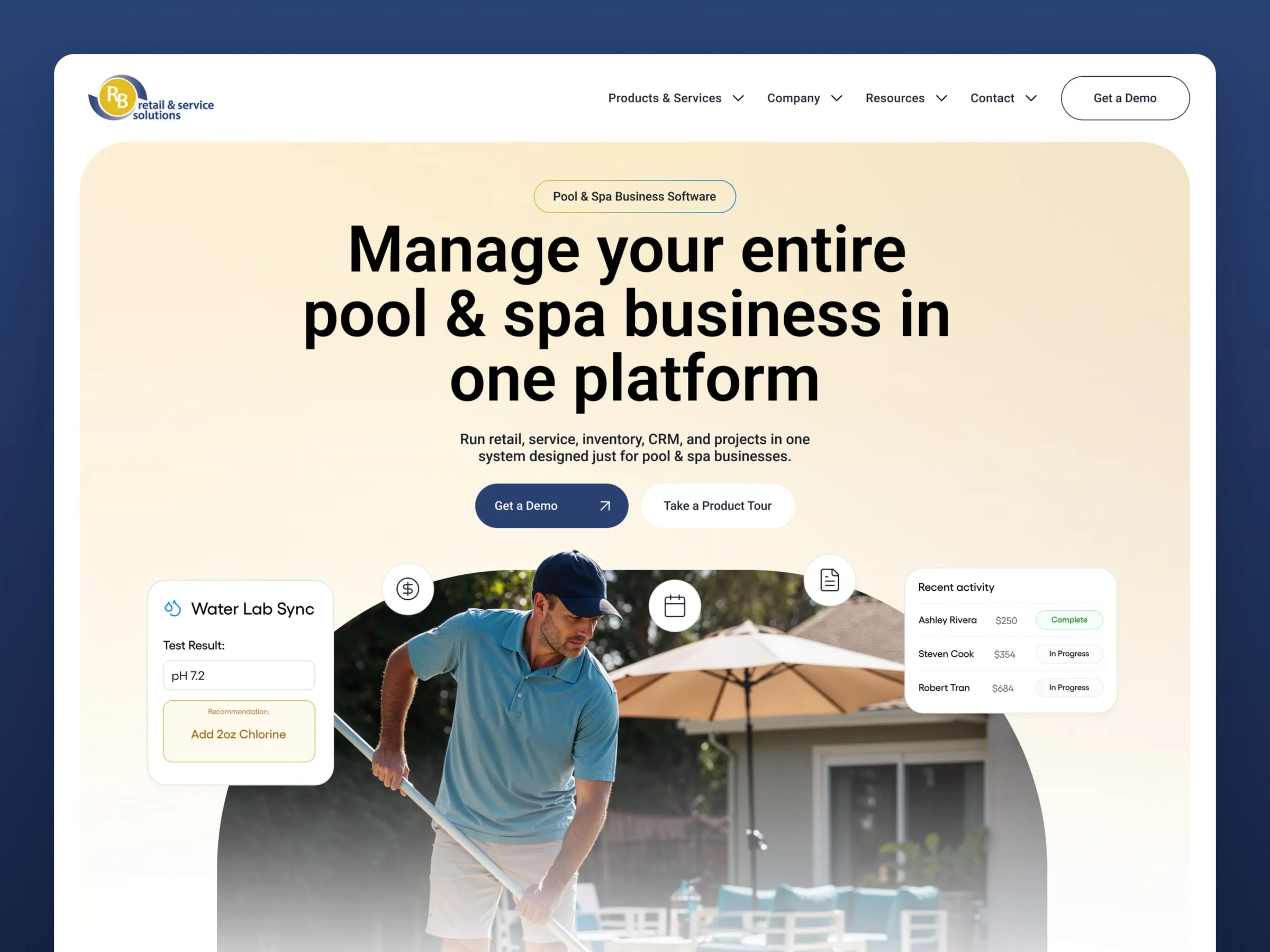 RB Pool & Spa home page hero, "Manage your entire pool & spa business in one platform", with a pool technician and product UI cards