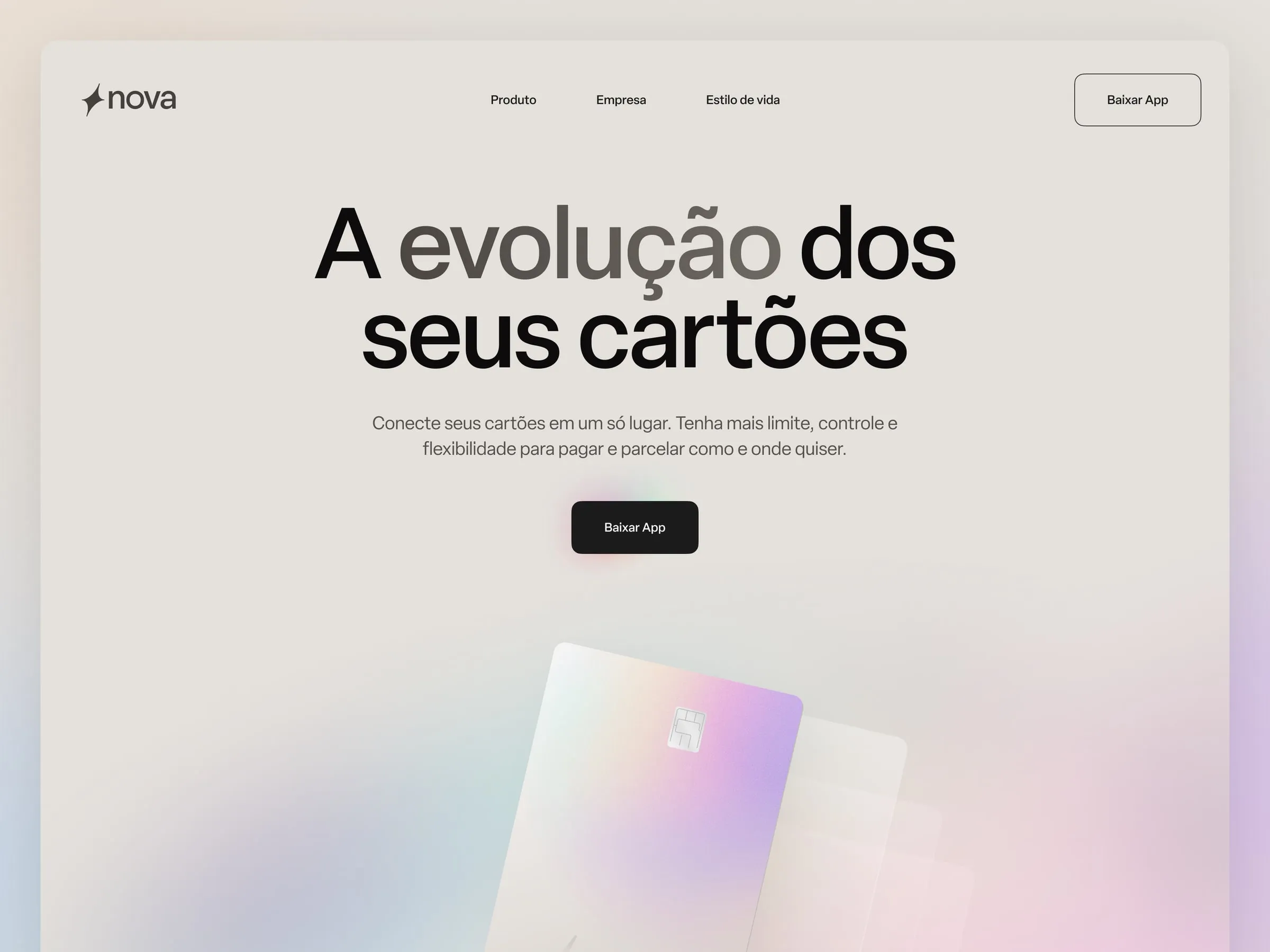 Nova homepage hero with an iridescent virtual card