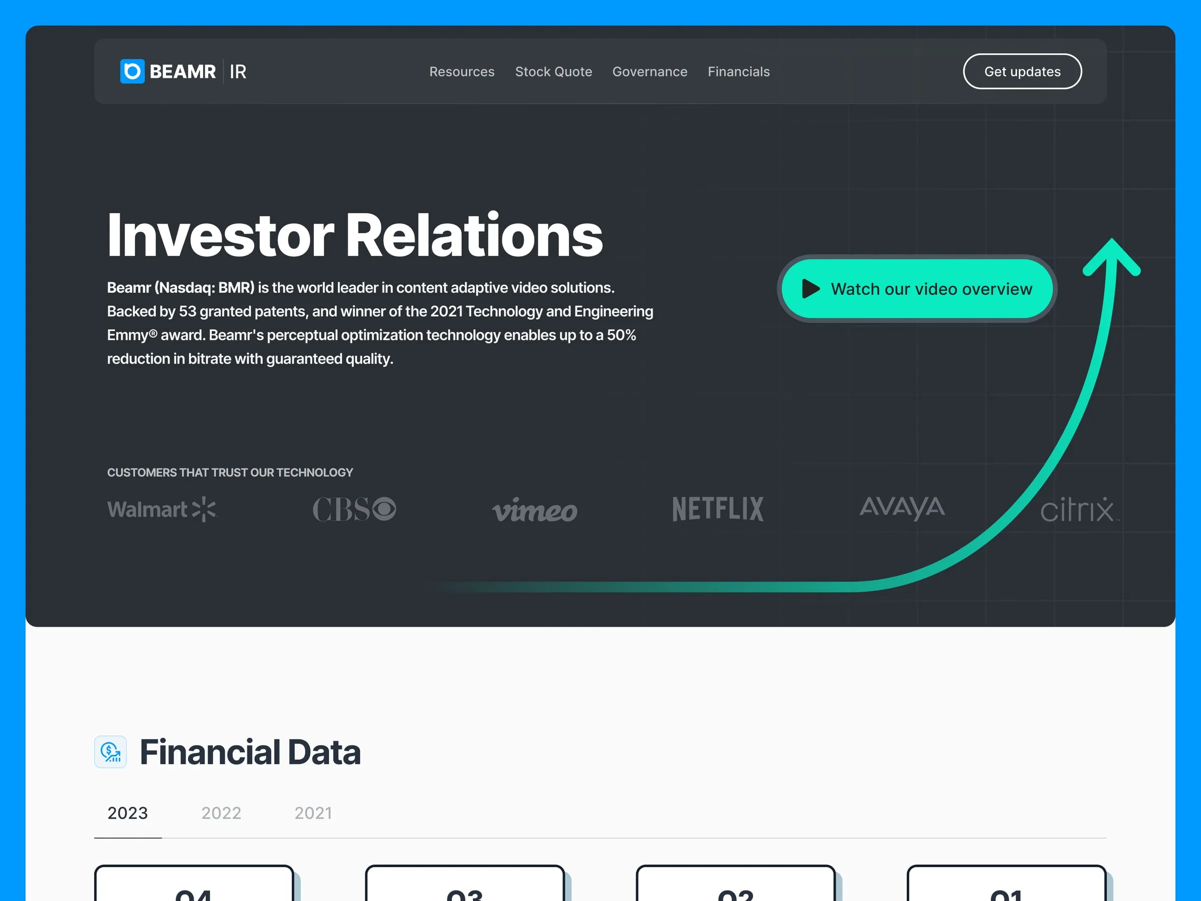 Beamr investor relations home page hero with a rising teal growth arrow over a dark slate background