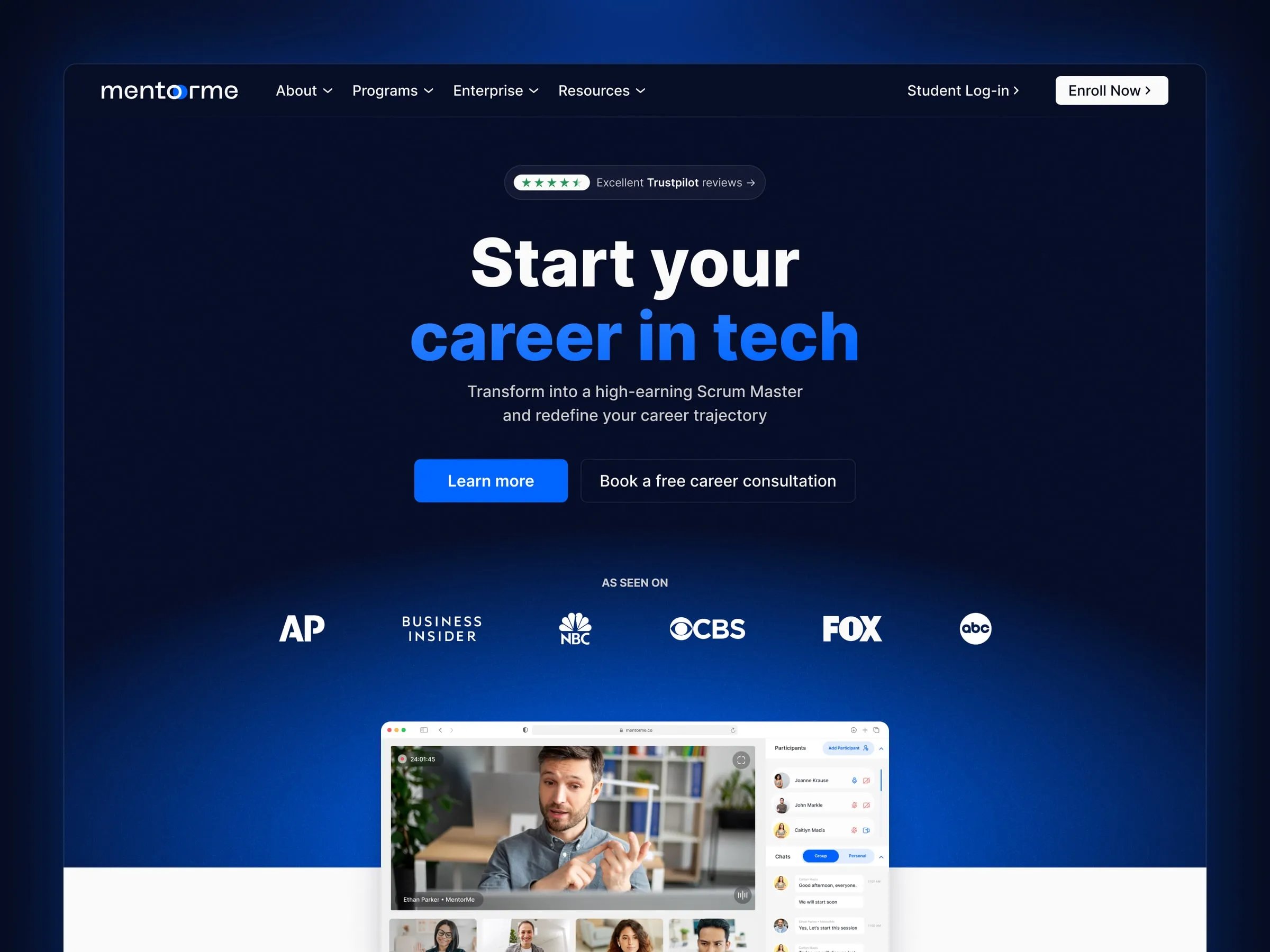 MentorMe homepage hero, dark and blue-lit, with a live-class preview