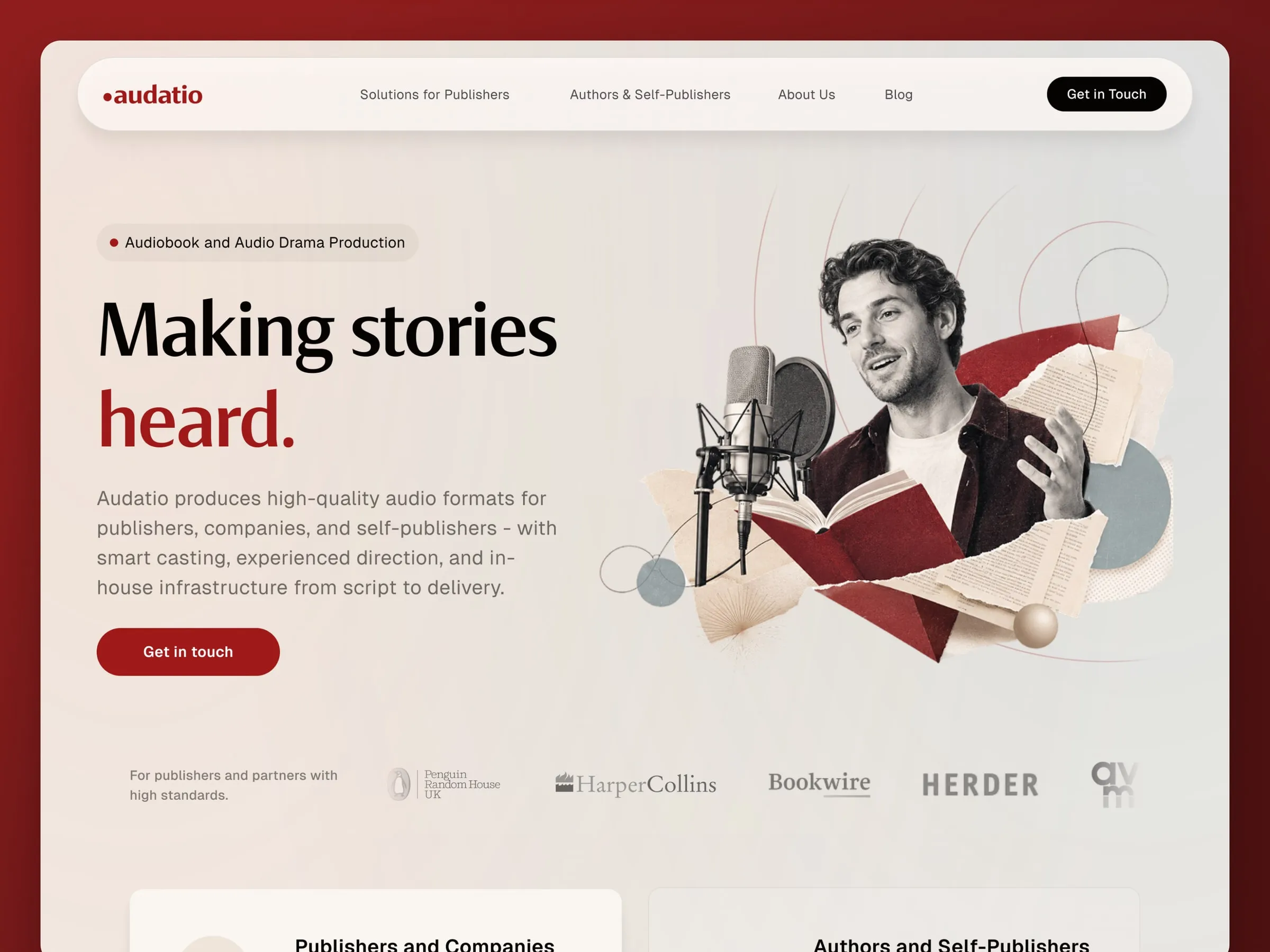 Audatio home page hero, "Making stories heard.", with a collage of a narrator at a microphone