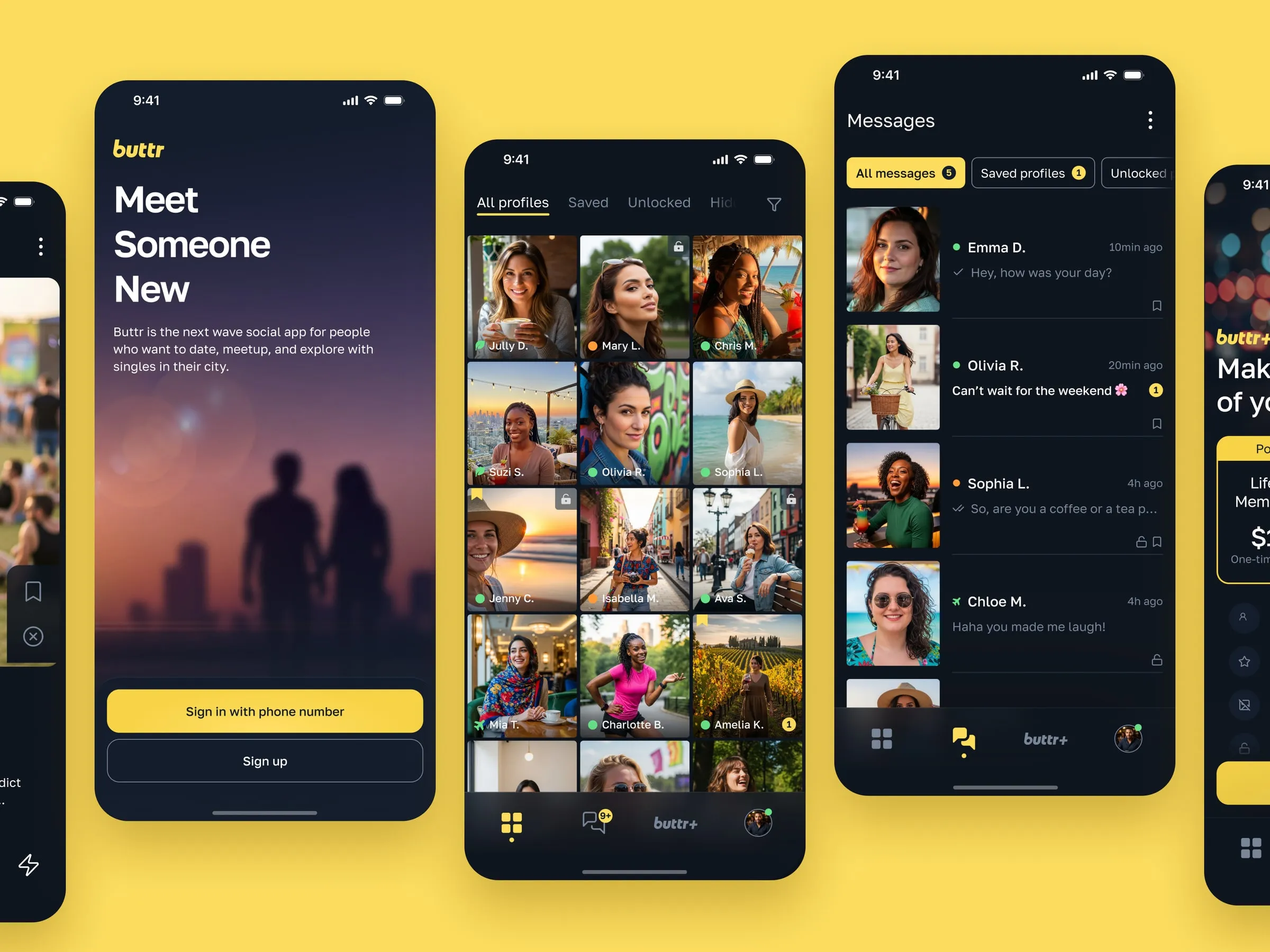 Buttr dating app screens on a butter-yellow and midnight-navy background