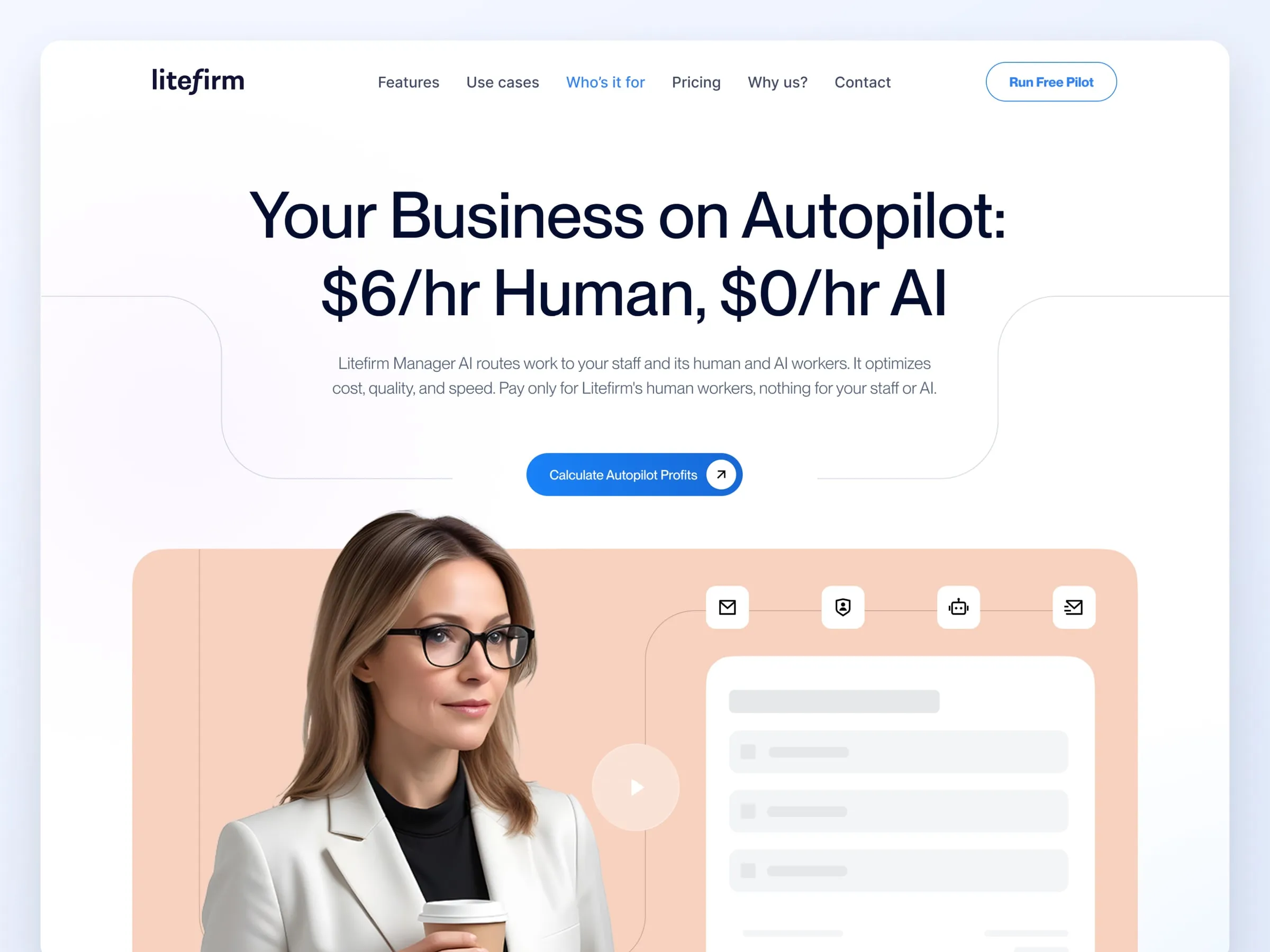 Litefirm home page hero, "Your Business on Autopilot: $6/hr Human, $0/hr AI", with a portrait over the workflow UI
