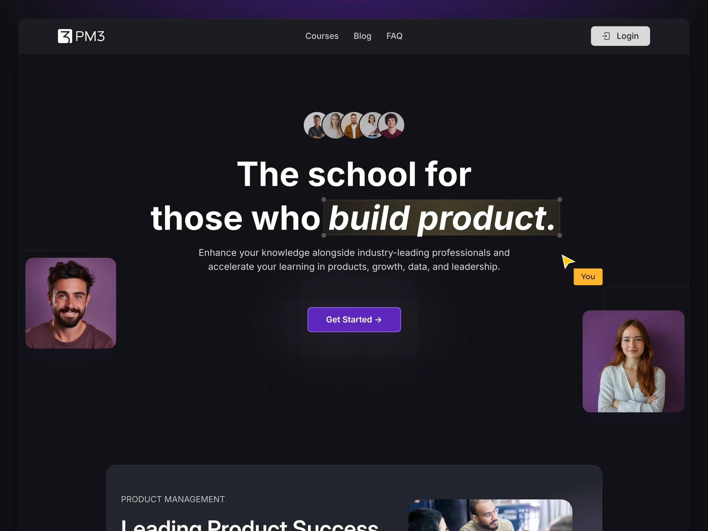 PM3 homepage hero where a "You" cursor selects "build product."