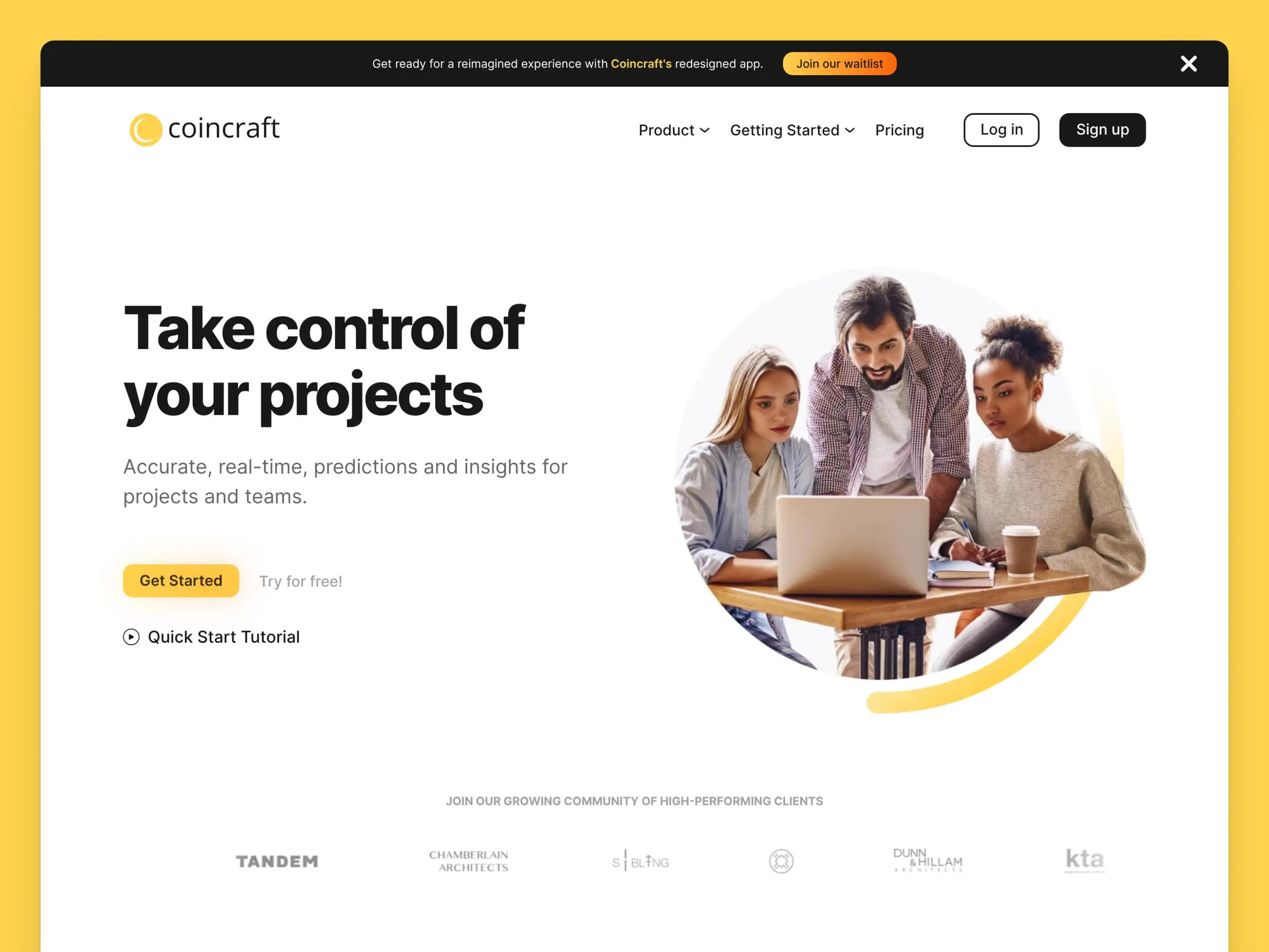 Coincraft homepage hero with a yellow accent and simplified product UI cards