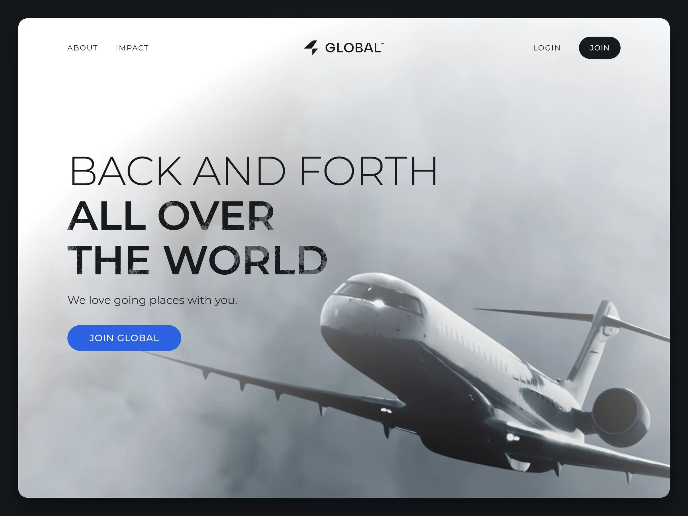 Global home page hero, "Back and forth all over the world", with a private jet flying through clouds