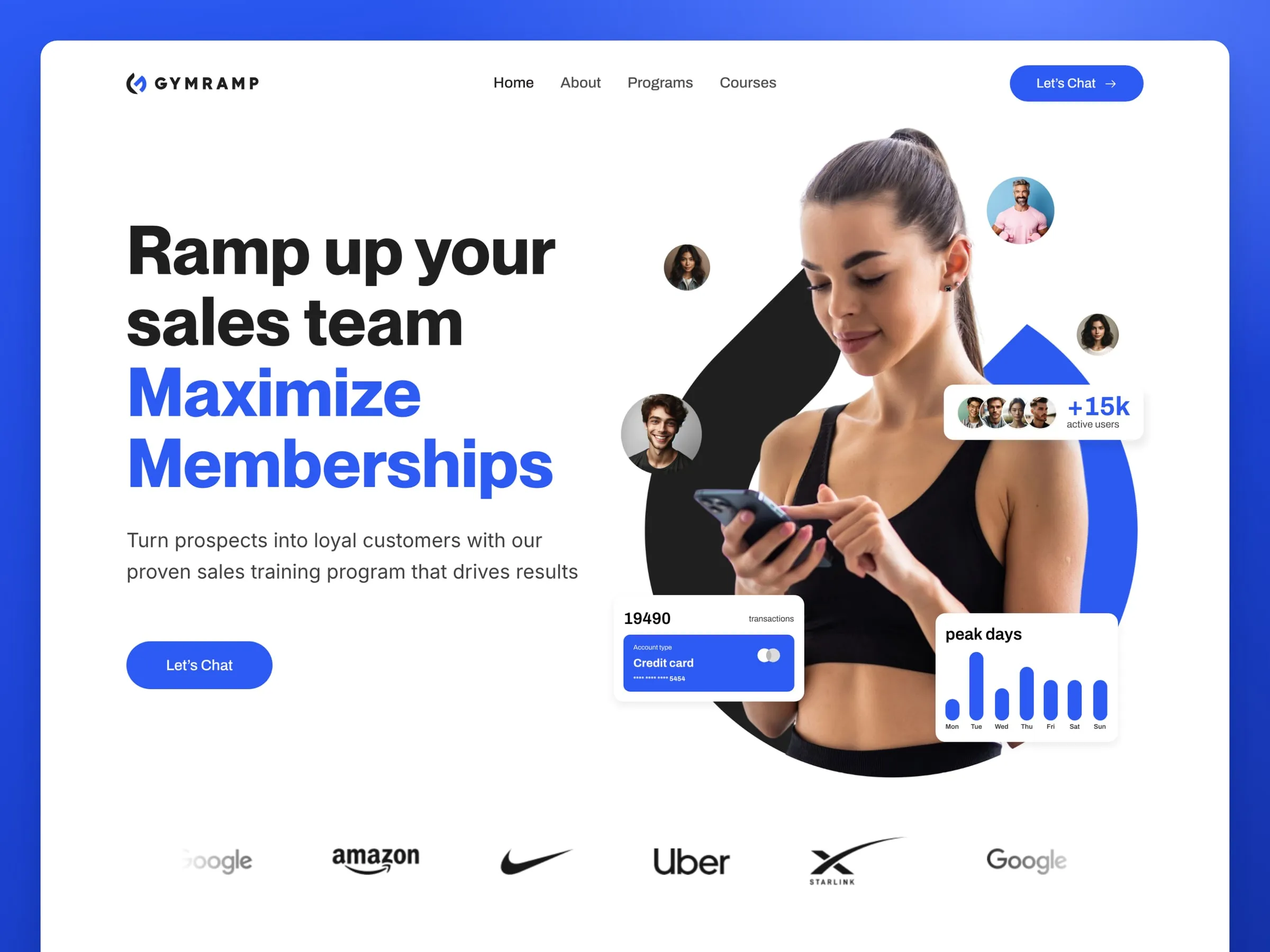 GymRamp homepage hero with athlete photography and dashboard cards on a blue background