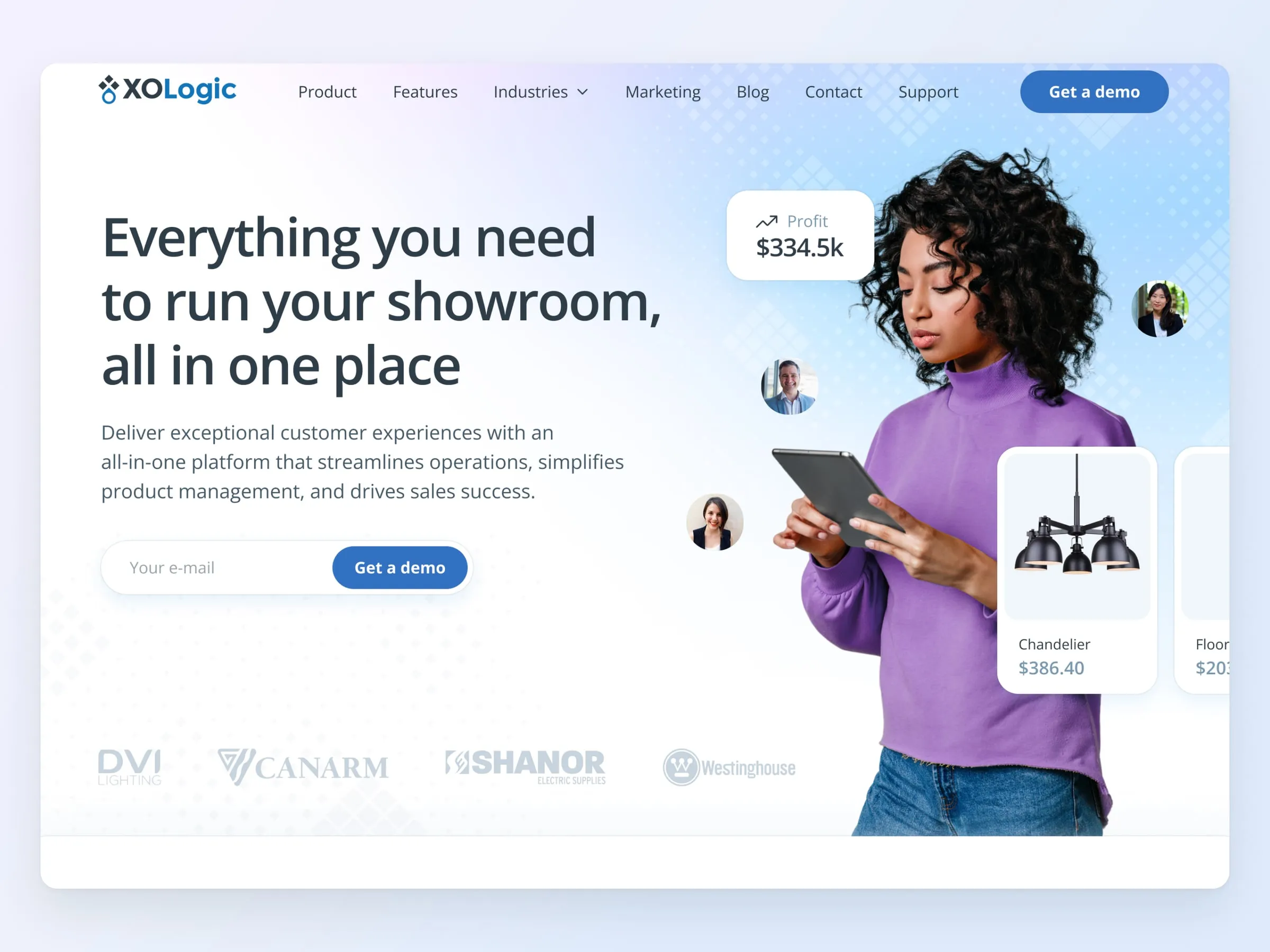 XOLogic homepage hero in light blue with product cards woven into the layout