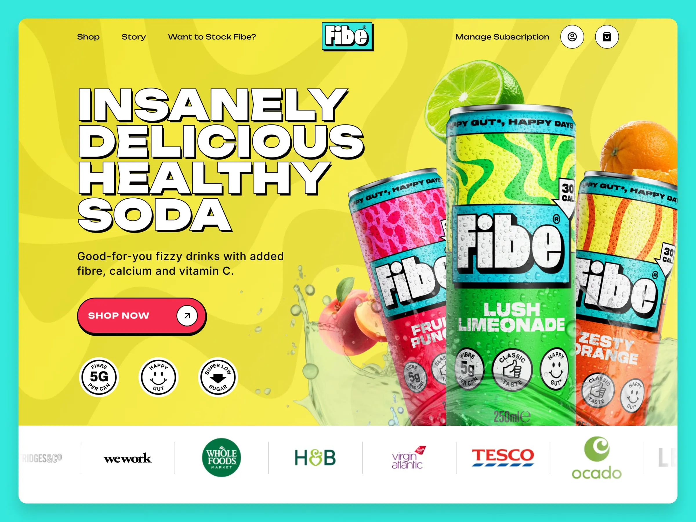 Fibe store hero with colorful soda cans, wavy patterns and chunky outlined type