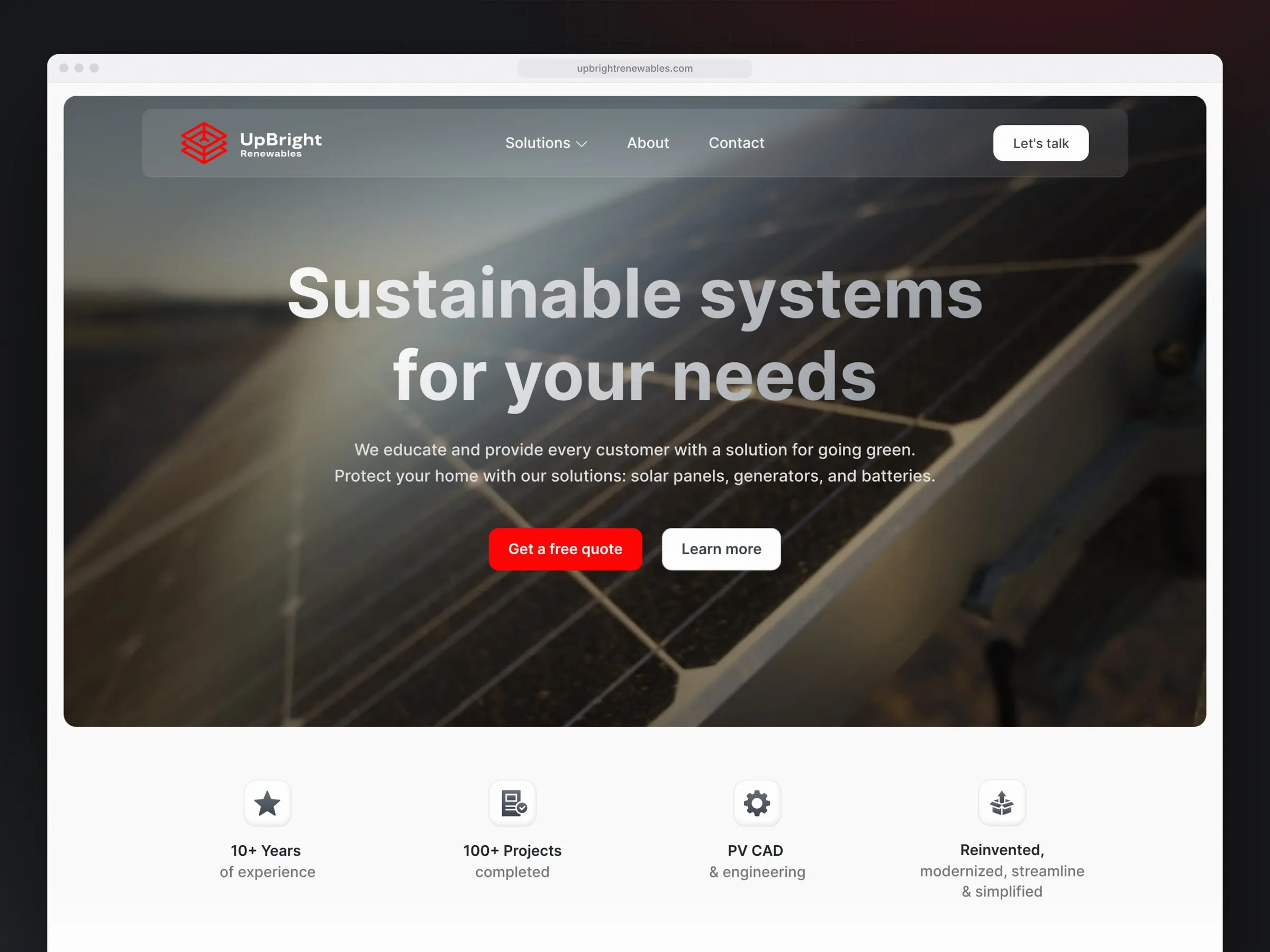 UpBright Renewables homepage hero with a solar-powered home