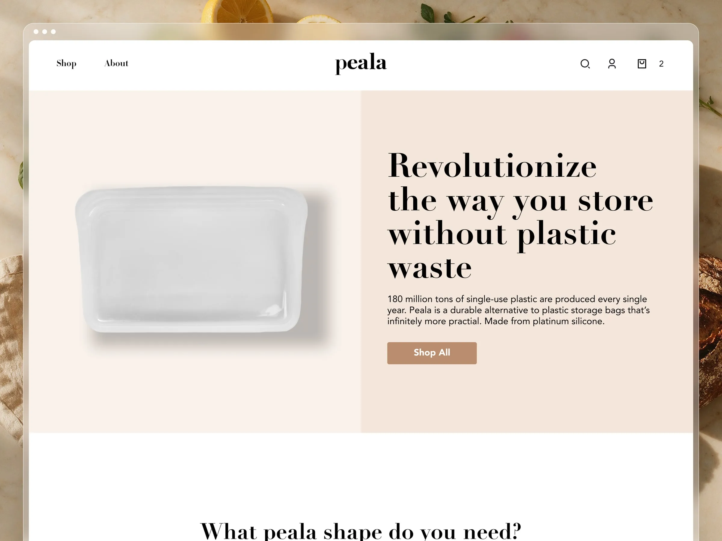 Peala store hero with platinum silicone food storage bags on a warm, minimal background