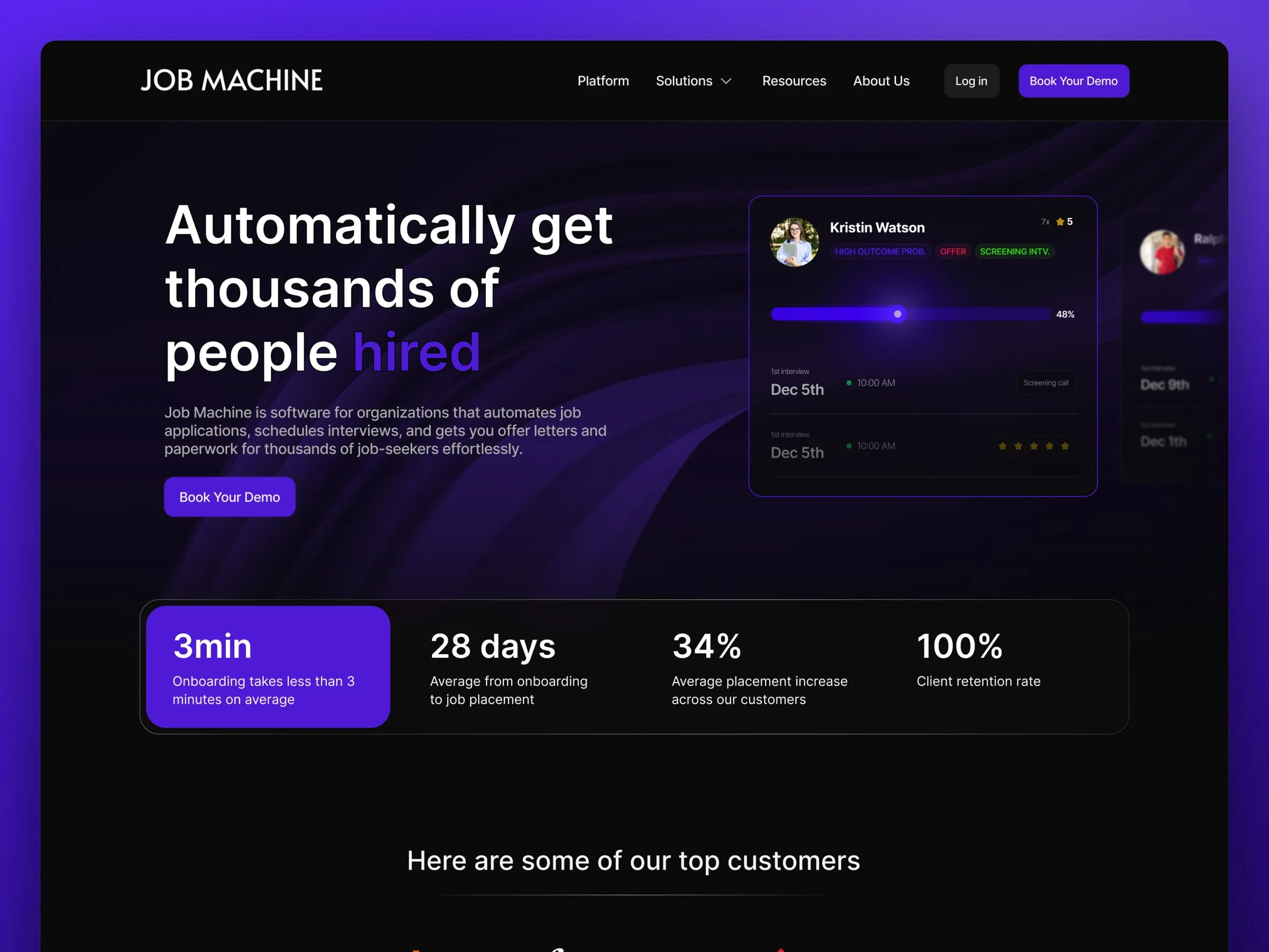 Job Machine homepage hero with placement stats and a violet product dashboard