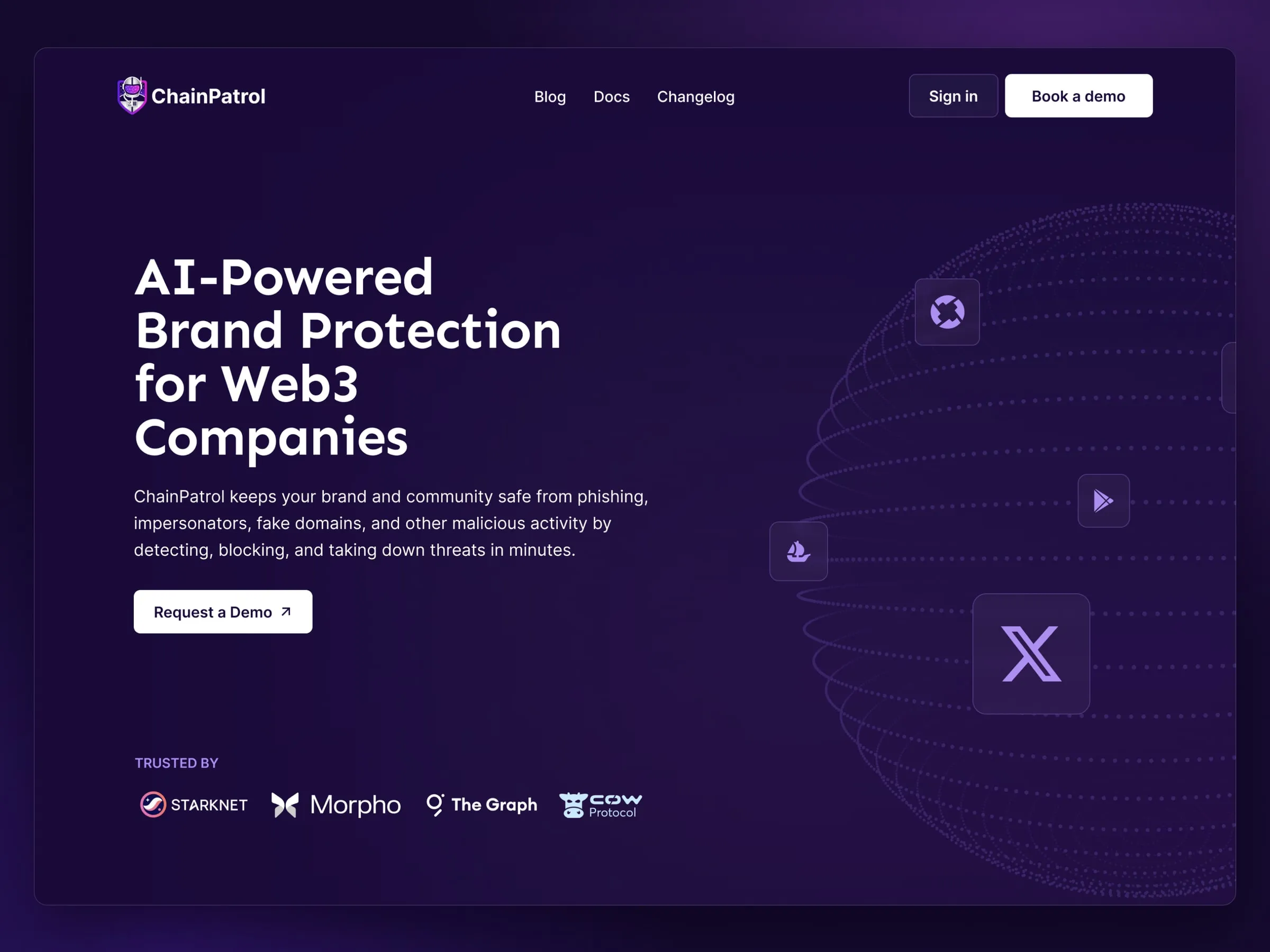 ChainPatrol home page hero, "AI-Powered Brand Protection for Web3 Companies", on a deep purple background with trusted-by logos