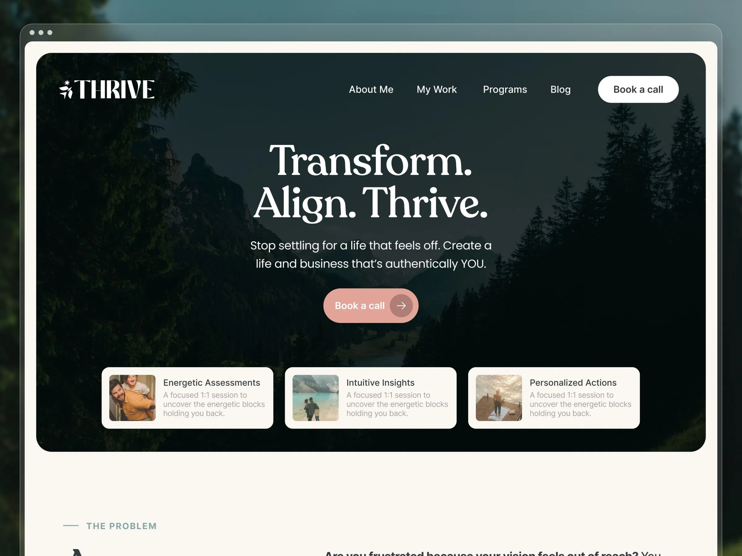 Thrive home page hero, "Transform. Align. Thrive.", over a forest photograph with three coaching session cards