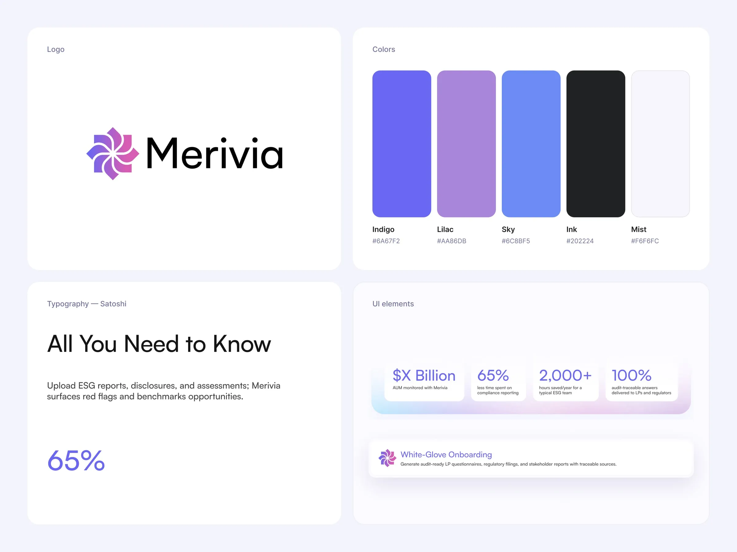 Merivia brand details, logo, colors, Satoshi type and UI elements