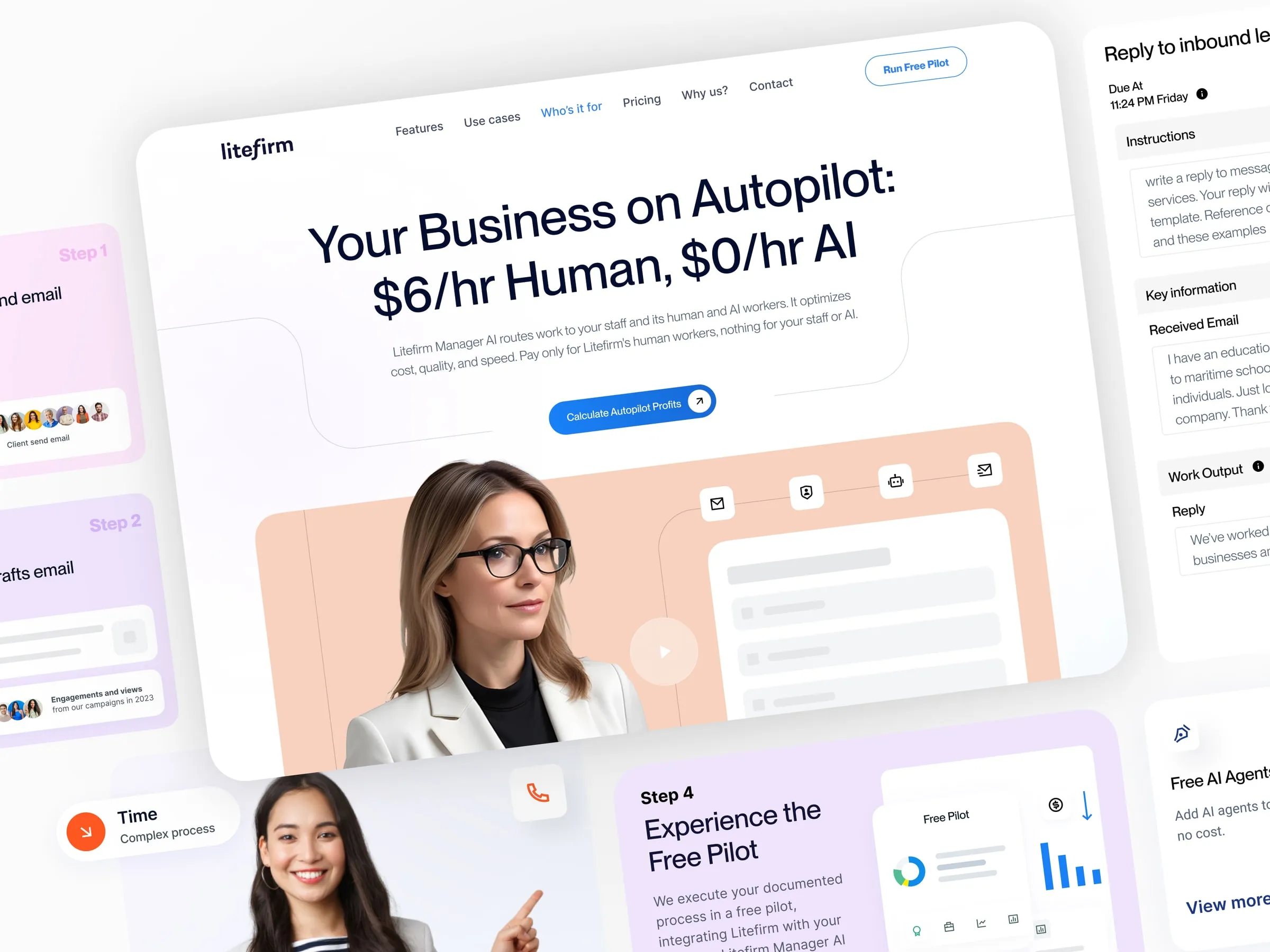 Litefirm home page hero in perspective, with workflow cards and a step-by-step reply flow