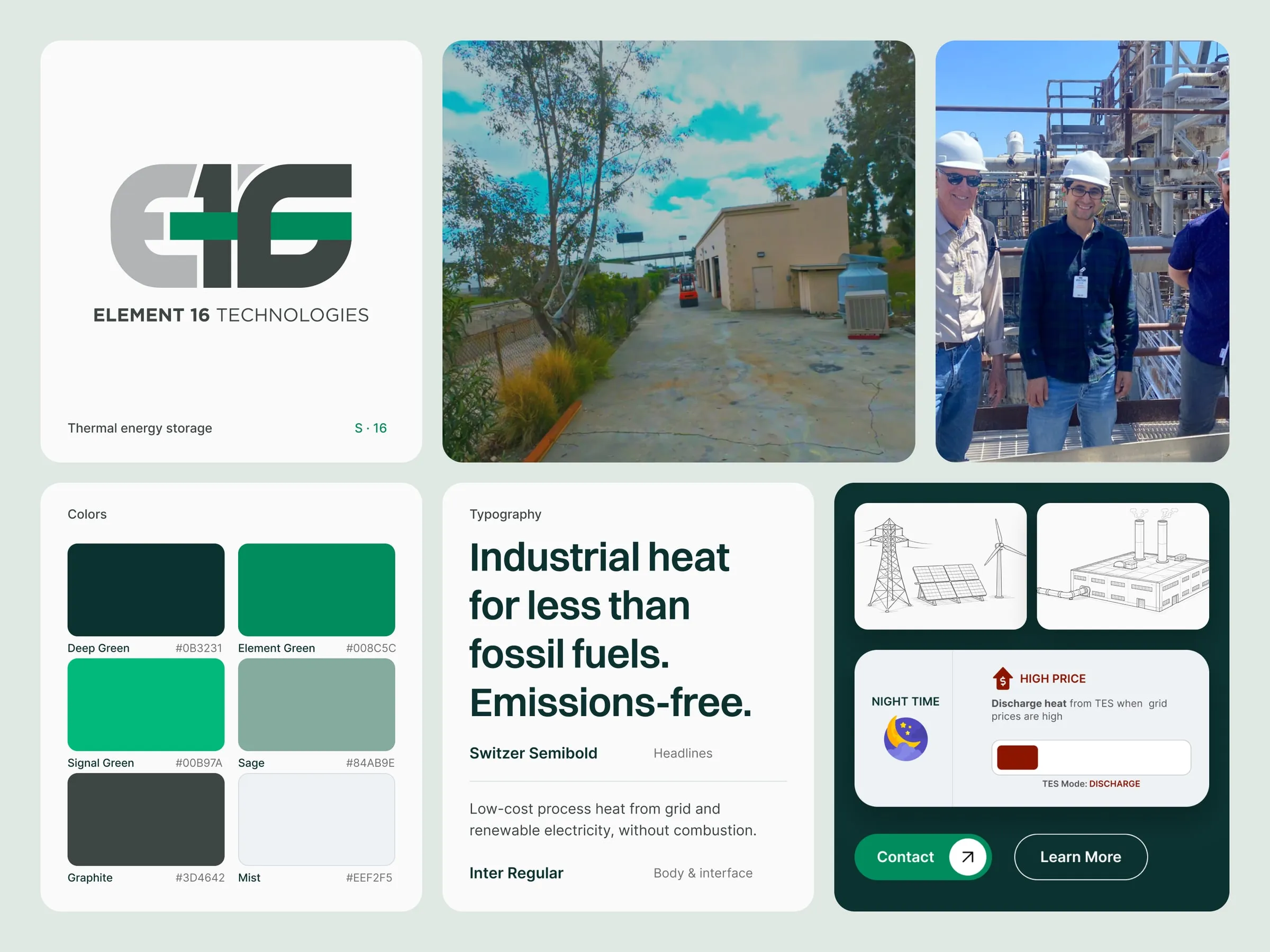 Element 16 brand details, logo, photography, colors, Switzer and Inter type, and interface elements