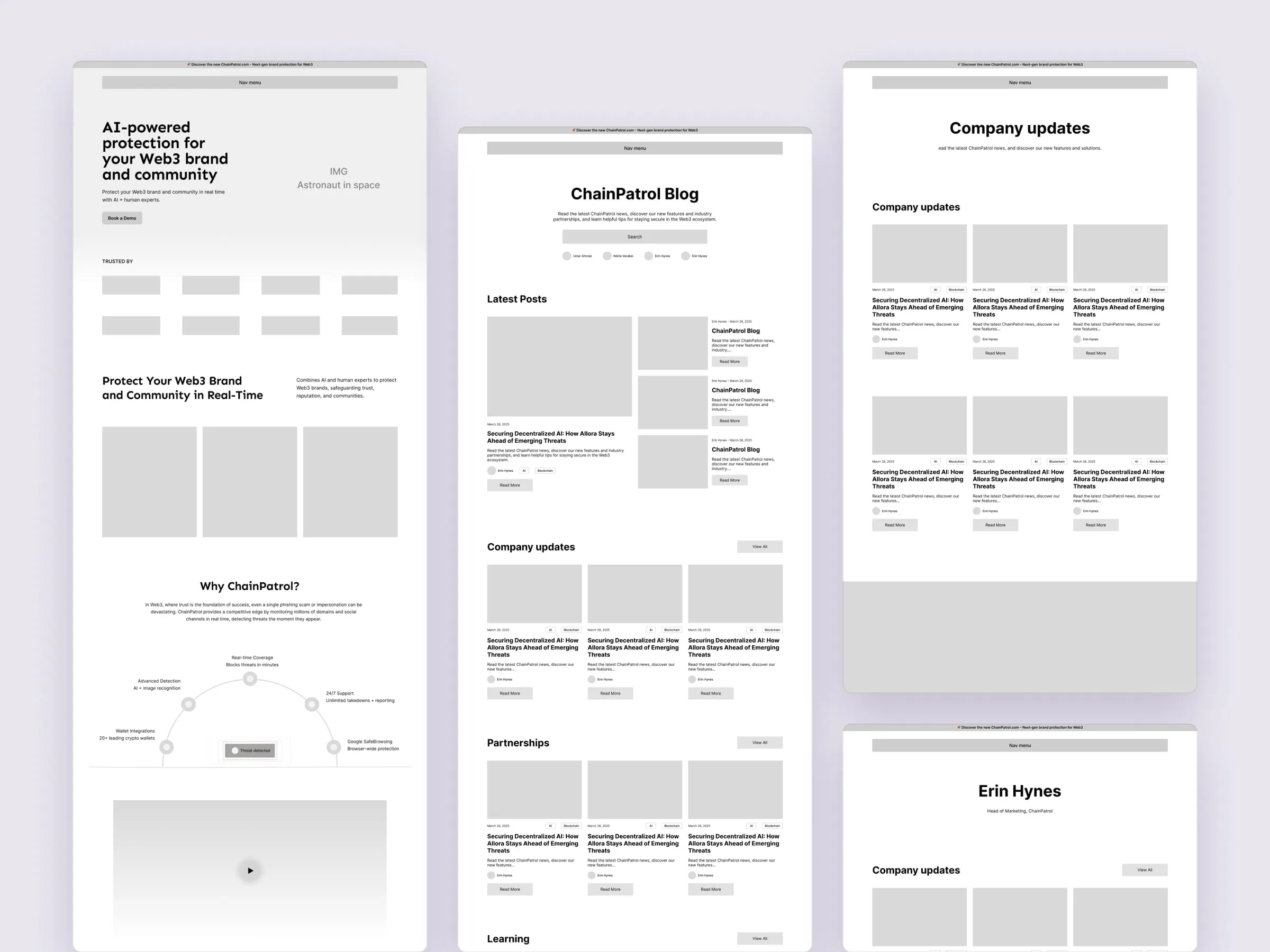ChainPatrol wireframes for the home, blog and company updates pages