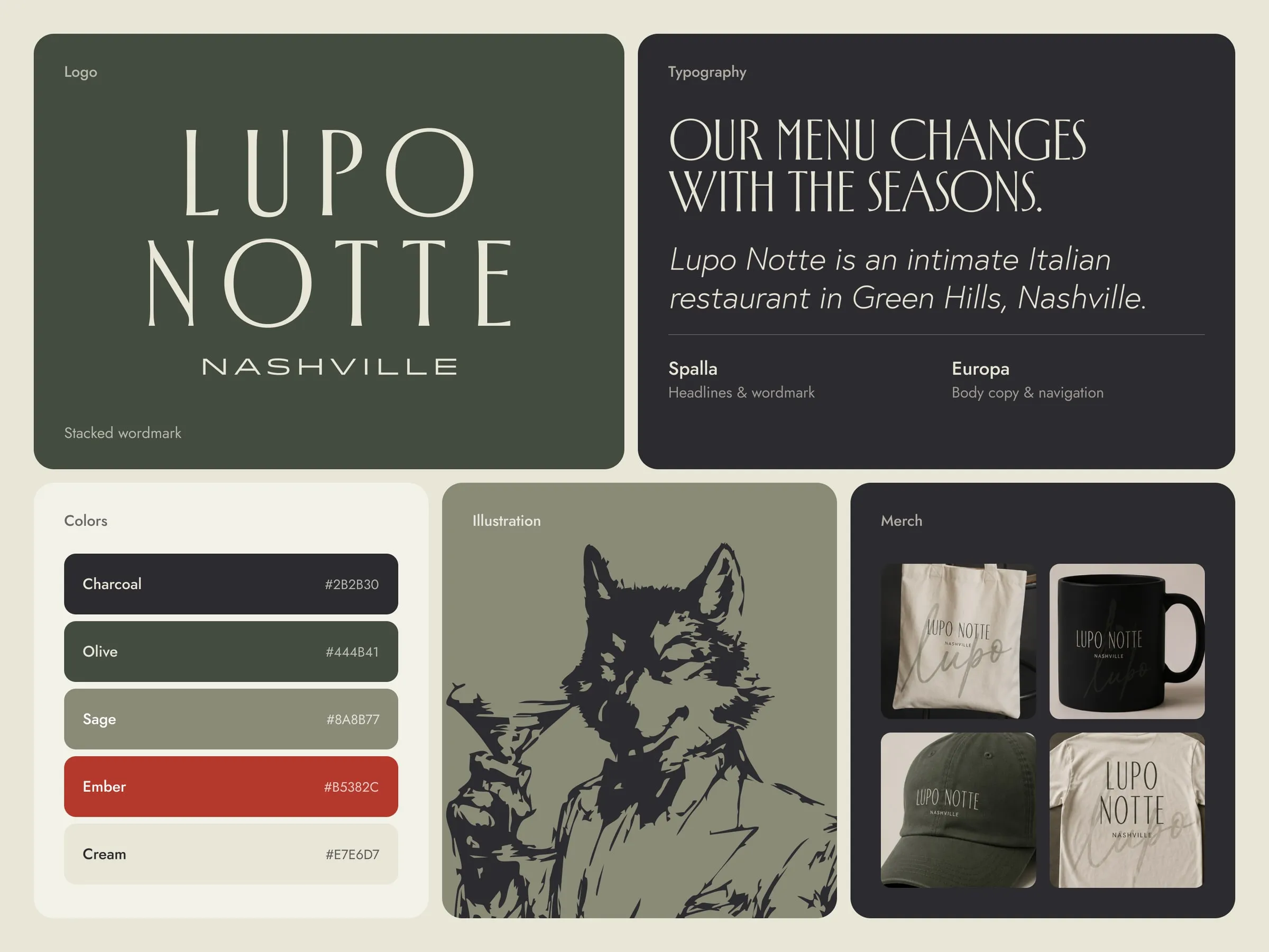 Lupo Notte brand details, stacked wordmark, Spalla and Europa type, colors, wolf illustration and merch