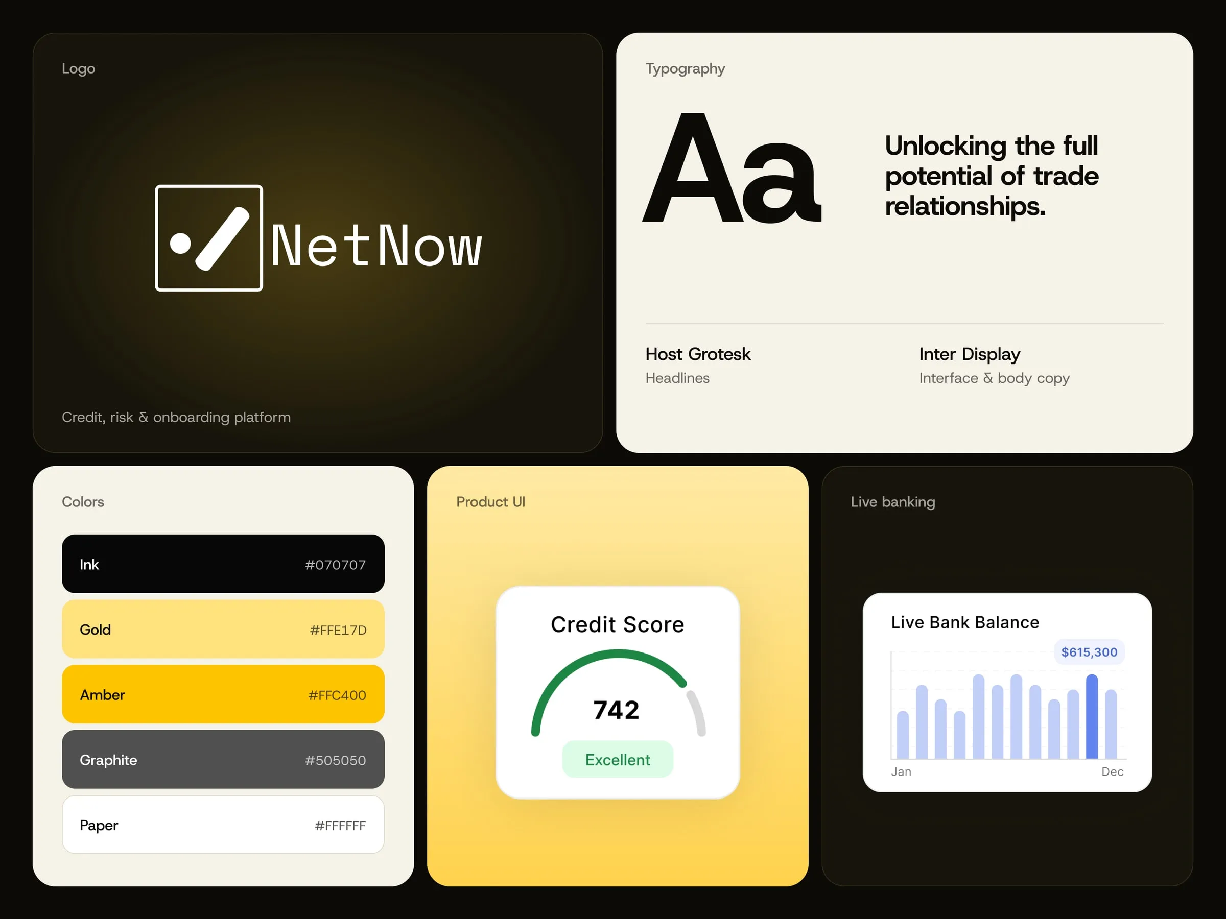 NetNow brand details, logo, Host Grotesk and Inter Display type, colors and product UI cards